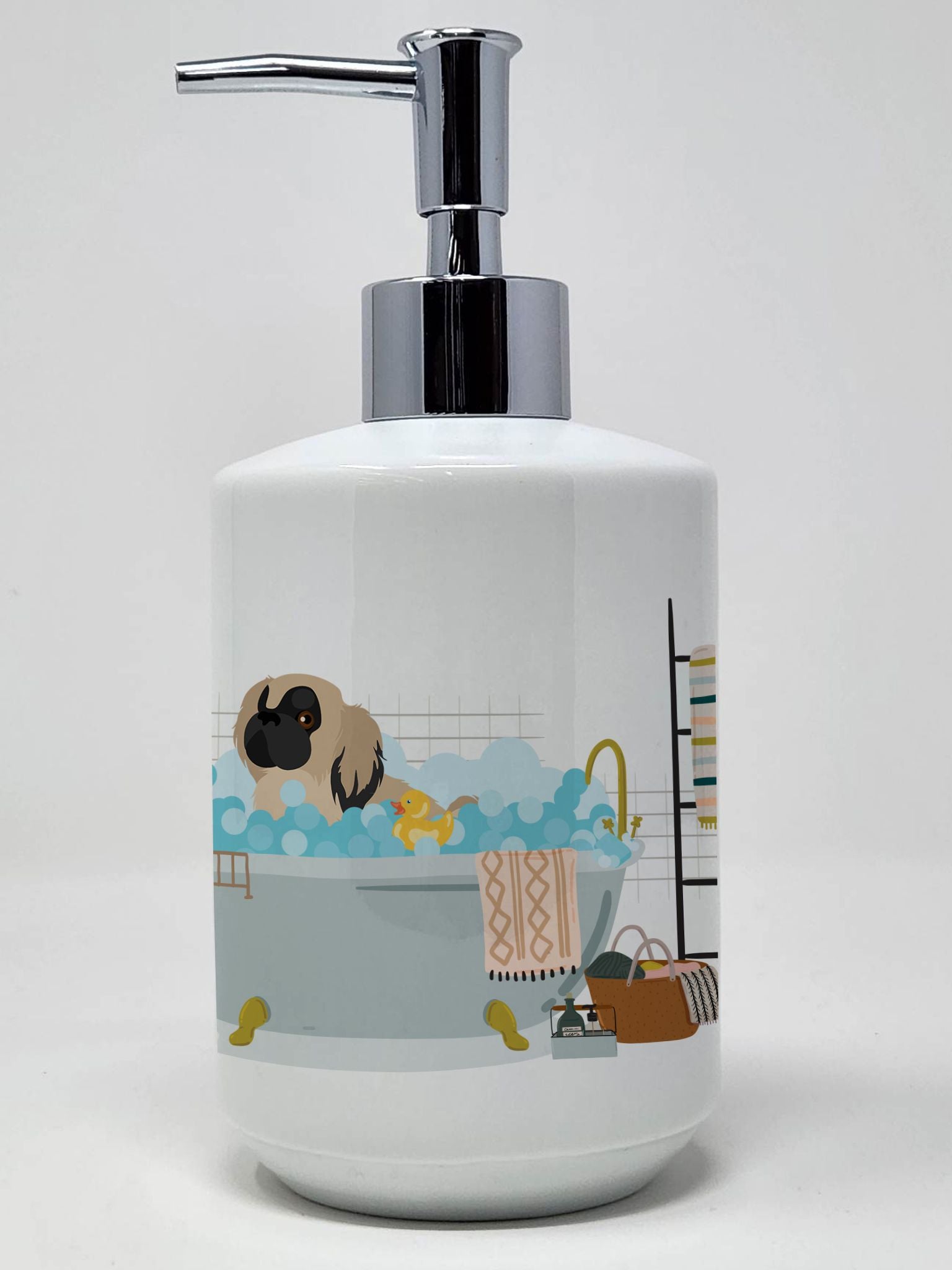 Cream Pekingese Ceramic Soap Dispenser Hand Soap Dispenser Pump Bottles for Bathroom Kitchen, Empty Refillable Liquid Soap Conta