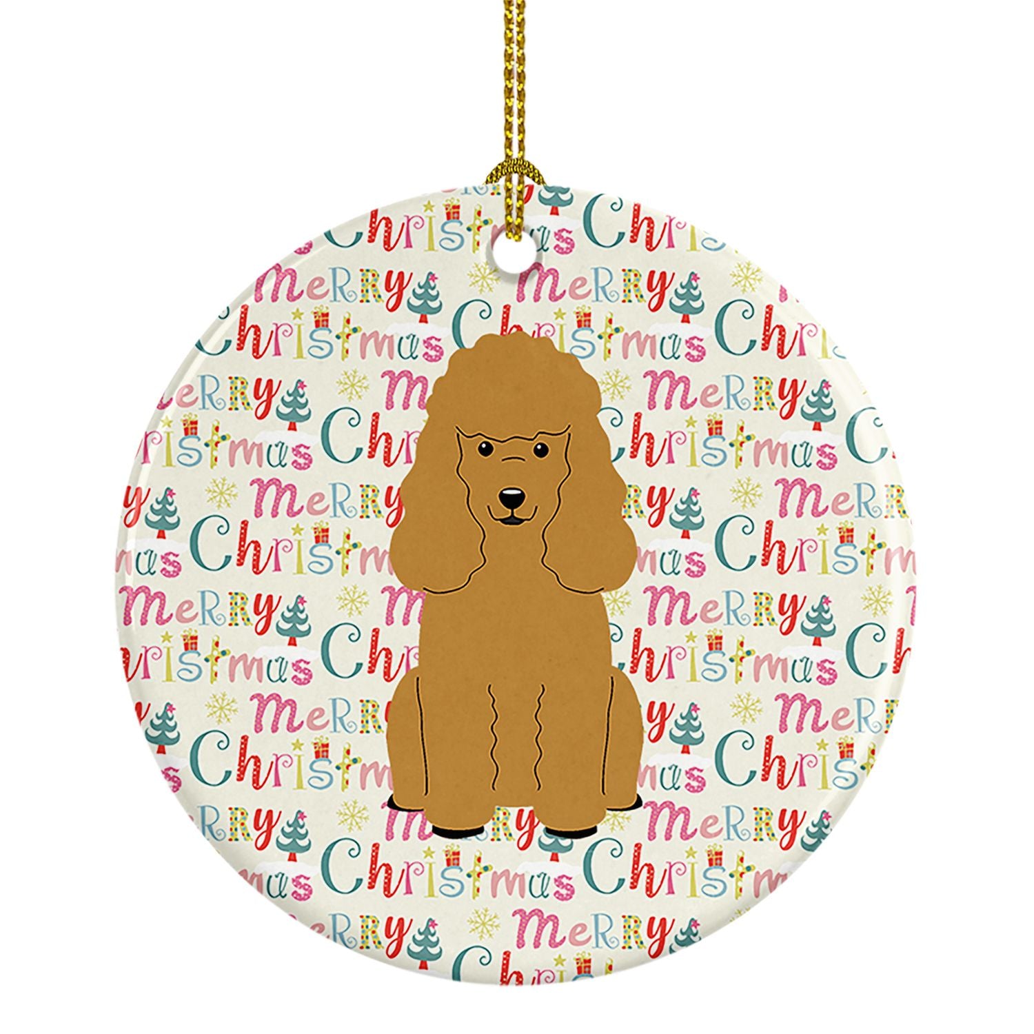 Merry Christmas Poodle Tan Ceramic Ornament Christmas Tree Hanging Decorations for Home Christmas Holiday, Party, Gift, 3 in, Mu