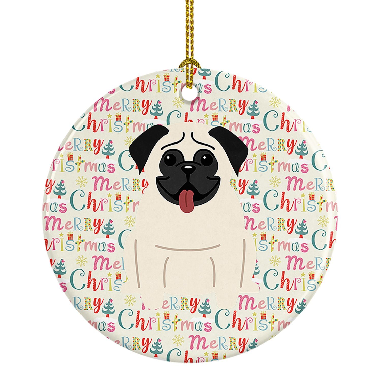 Merry Christmas Pug Cream Ceramic Ornament Christmas Tree Hanging Decorations for Home Christmas Holiday, Party, Gift, 3 in, Mul