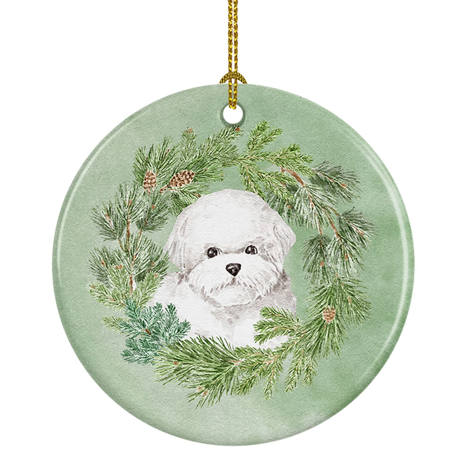 Bichon Frise Christmas Wreath Ceramic Ornament Christmas Tree Hanging Decorations for Home Christmas Holiday, Party, Gift, 3 in,