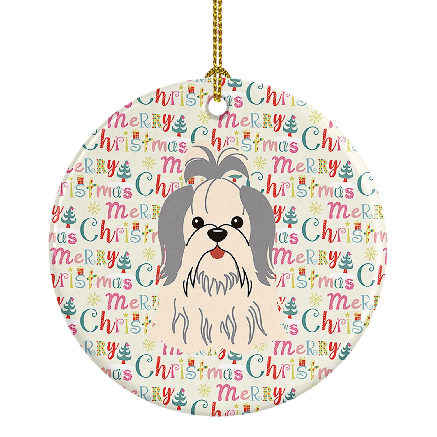 Merry Christmas Shih Tzu Silver White Ceramic Ornament Christmas Tree Hanging Decorations for Home Christmas Holiday, Party, Gif
