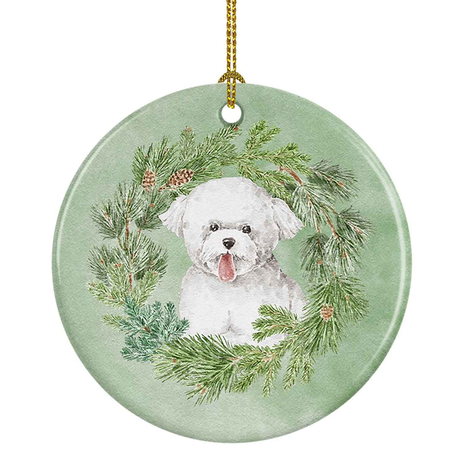 Bichon Frise Tongue Out Christmas Wreath Ceramic Ornament Christmas Tree Hanging Decorations for Home Christmas Holiday, Party, 