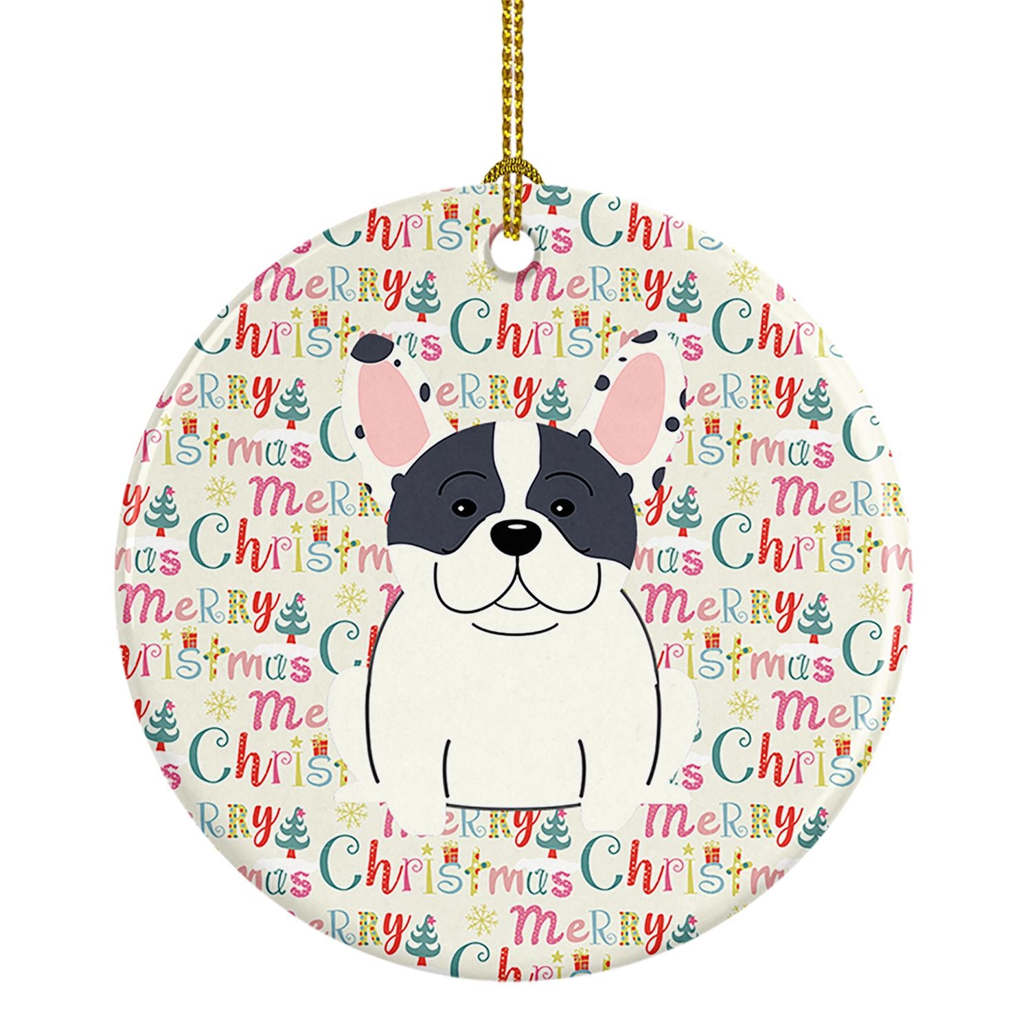 Merry Christmas French Bulldog Piebald Ceramic Ornament Christmas Tree Hanging Decorations for Home Christmas Holiday, Party, Gi