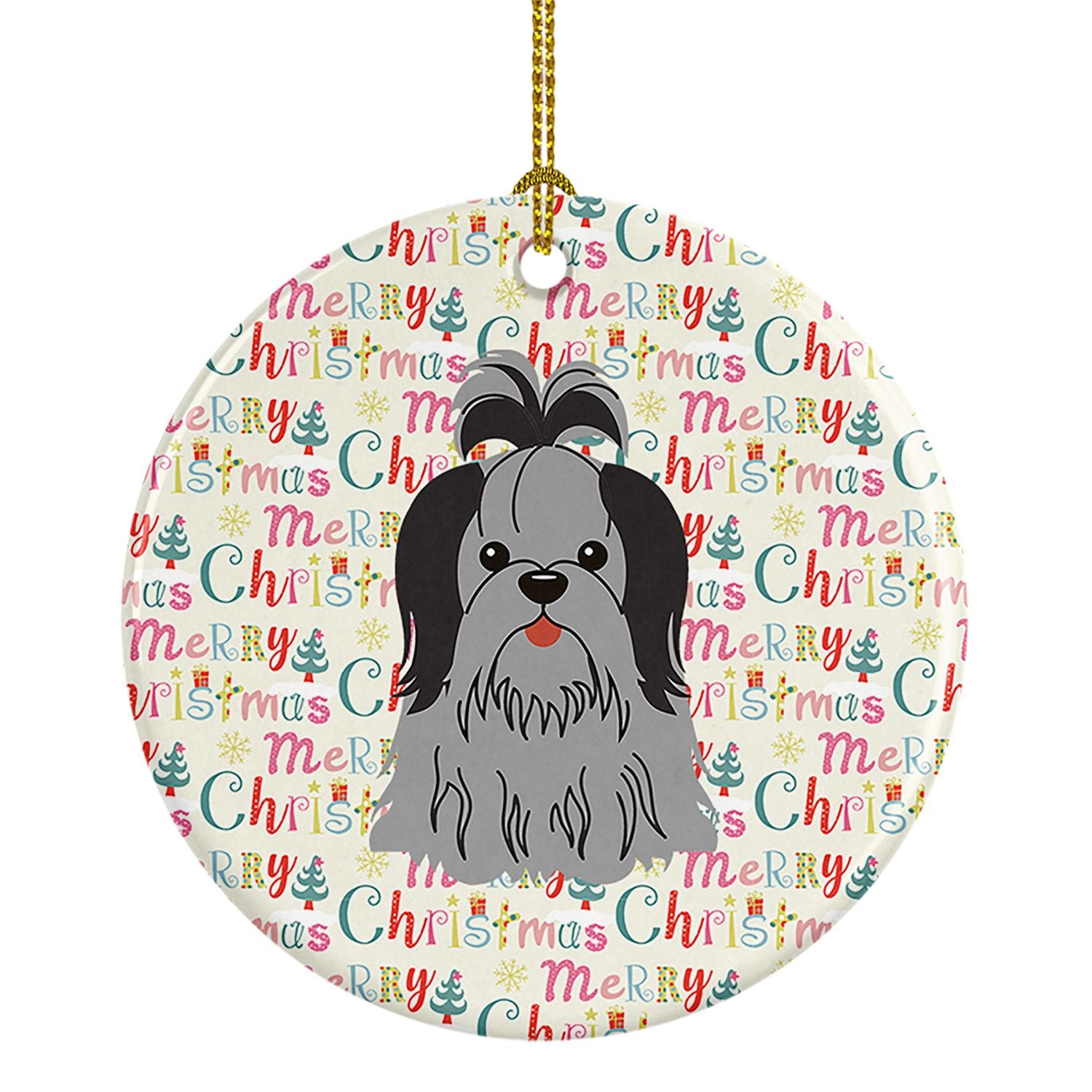 Merry Christmas Shih Tzu Black Silver Ceramic Ornament Christmas Tree Hanging Decorations for Home Christmas Holiday, Party, Gif