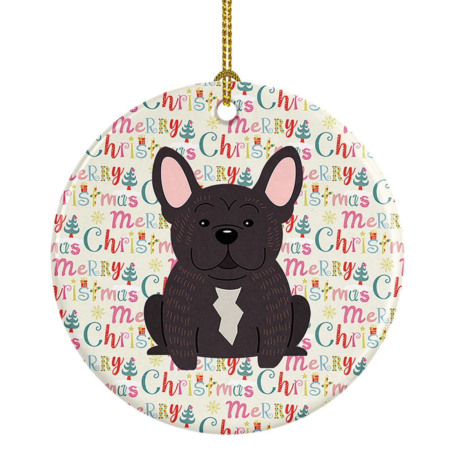 Merry Christmas French Bulldog Brindle Ceramic Ornament Christmas Tree Hanging Decorations for Home Christmas Holiday, Party, Gi