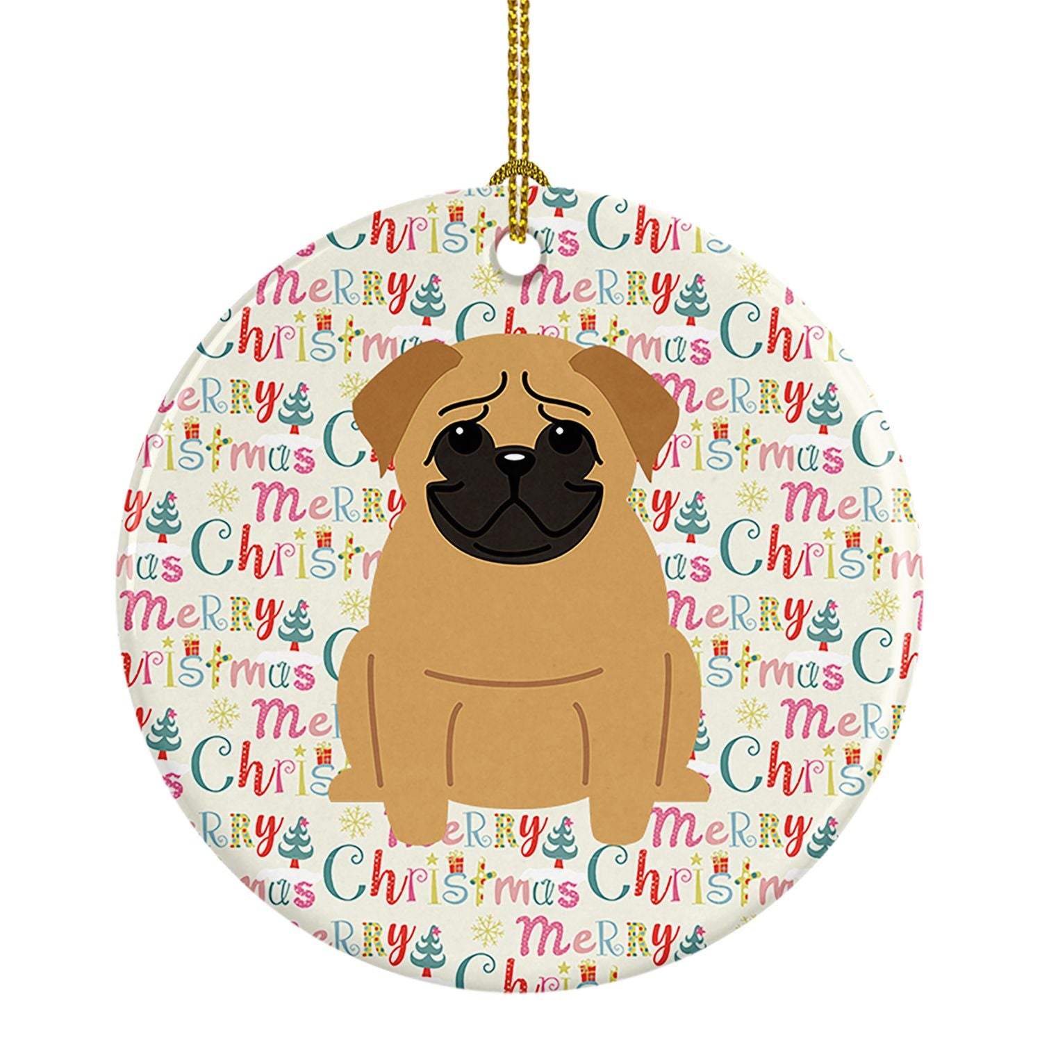 Merry Christmas Pug Brown Ceramic Ornament Christmas Tree Hanging Decorations for Home Christmas Holiday, Party, Gift, 3 in, Mul