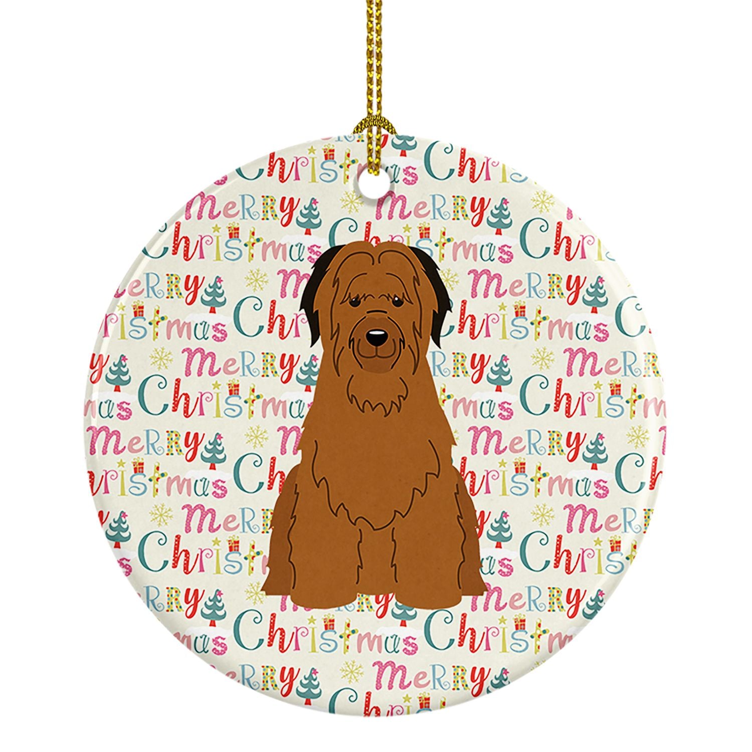 Merry Christmas Briard Brown Ceramic Ornament Christmas Tree Hanging Decorations for Home Christmas Holiday, Party, Gift, 3 in, 
