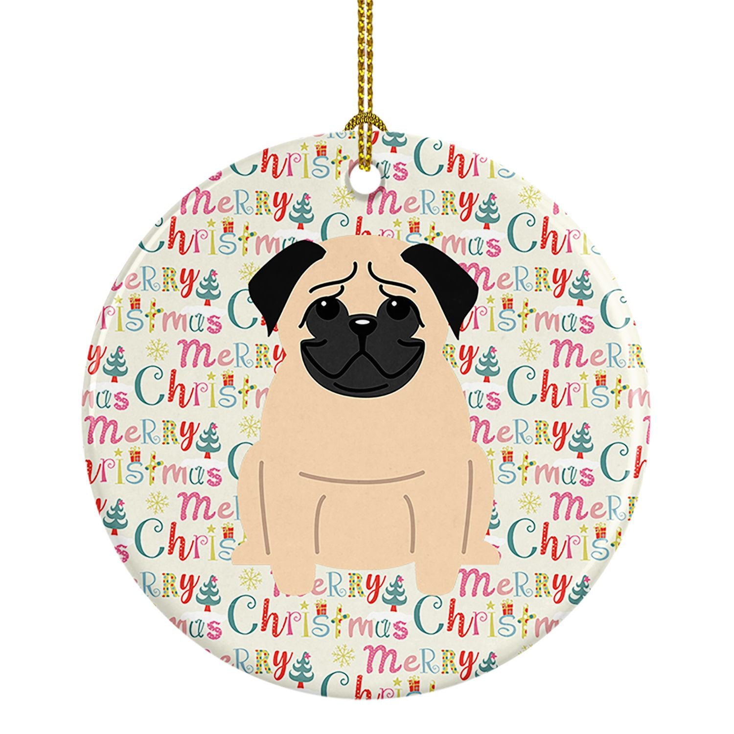 Merry Christmas Pug Fawn Ceramic Ornament Christmas Tree Hanging Decorations for Home Christmas Holiday, Party, Gift, 3 in, Mult