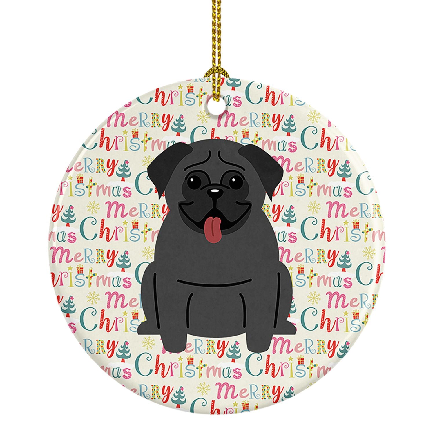 Merry Christmas Pug Black Ceramic Ornament Christmas Tree Hanging Decorations for Home Christmas Holiday, Party, Gift, 3 in, Mul