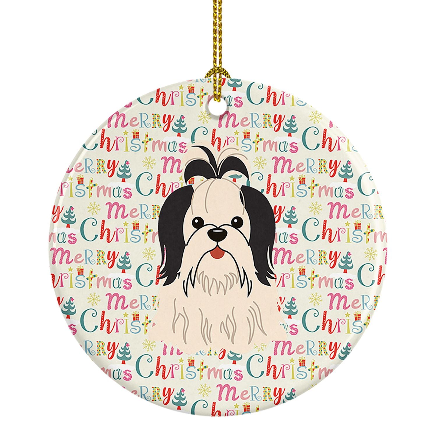 Merry Christmas Shih Tzu Black White Ceramic Ornament Christmas Tree Hanging Decorations for Home Christmas Holiday, Party, Gift