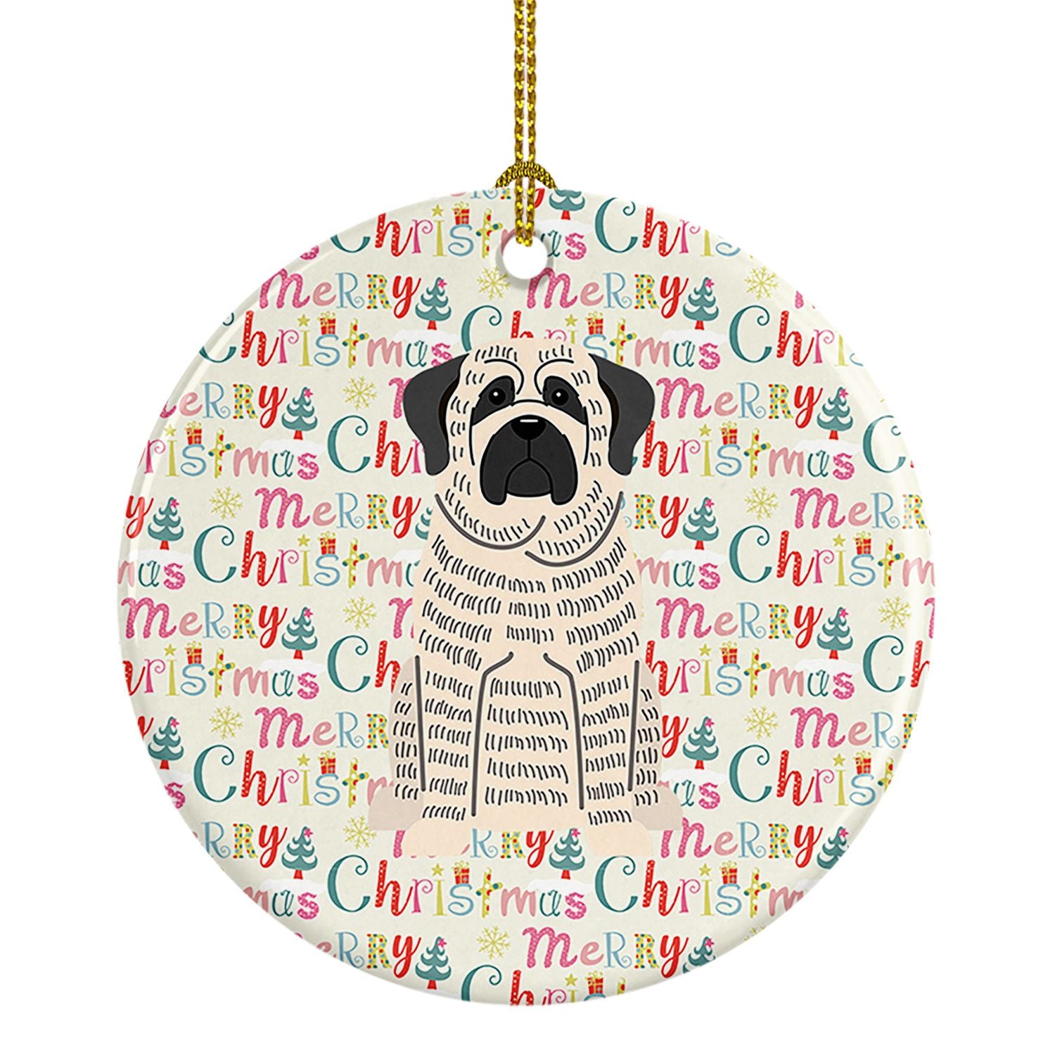 Merry Christmas Mastiff Brindle White Ceramic Ornament Christmas Tree Hanging Decorations for Home Christmas Holiday, Party, Gif
