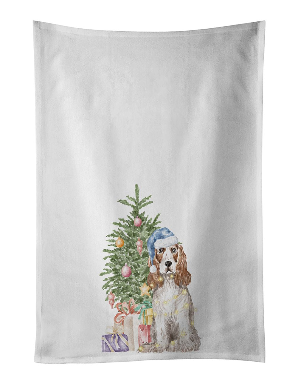 NEW Cocker Spaniel English Red White Christmas Presents and Tree Kitchen Towel Set of 2 White Dish Towels Decorative Bathroom Ha