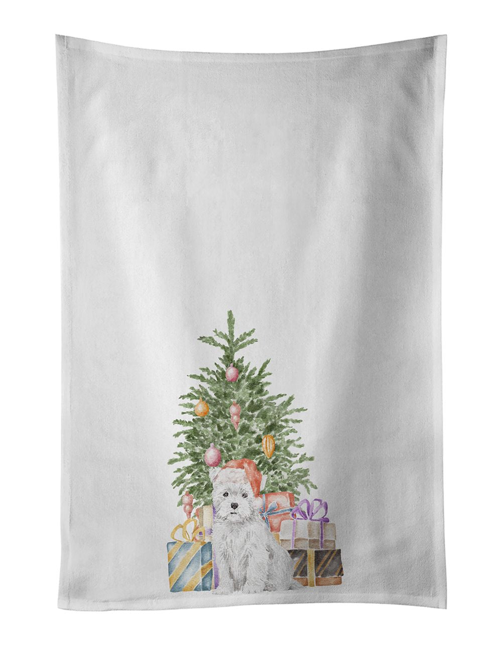 NEW West Highland White Terrier Puppy Christmas Presents and Tree Kitchen Towel Set of 2 White Dish Towels Decorative Bathroom H