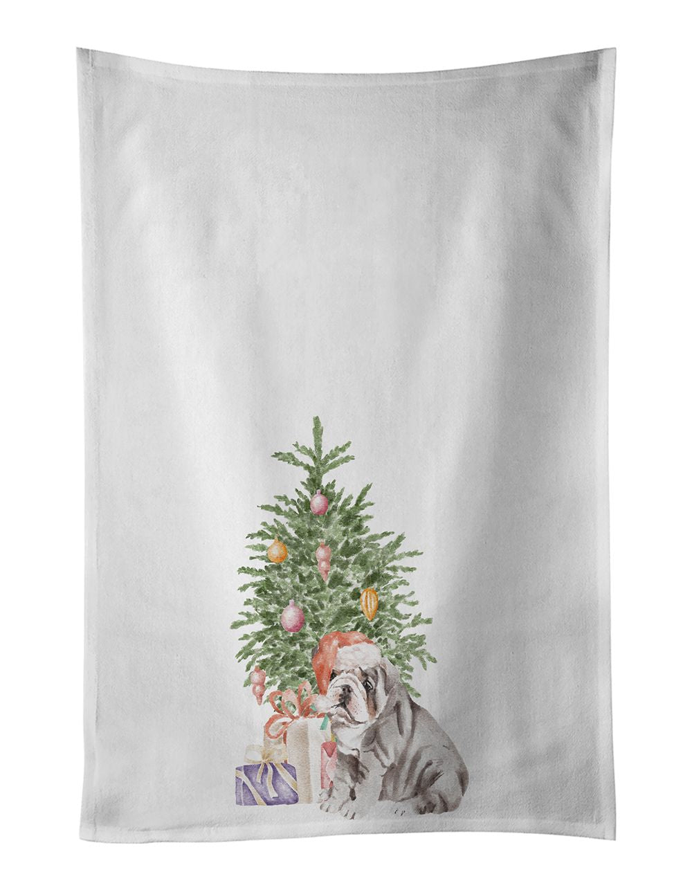 NEW Bulldog, English Bulldog Puppy #2 Christmas Presents and Tree Kitchen Towel Set of 2 White Dish Towels Decorative Bathroom H