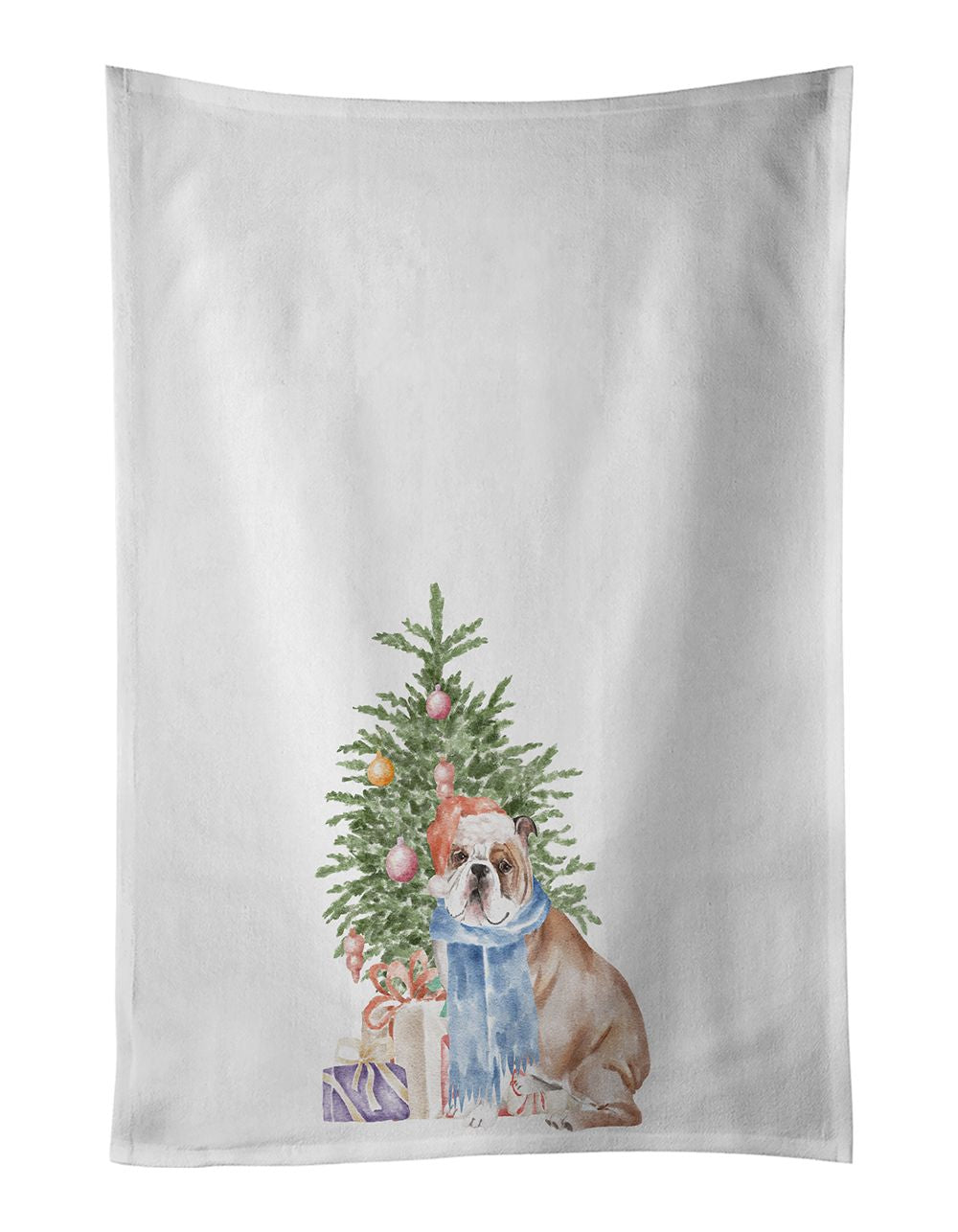 NEW Bulldog, English Bulldog #2 Christmas Presents and Tree Kitchen Towel Set of 2 White Dish Towels Decorative Bathroom Hand to
