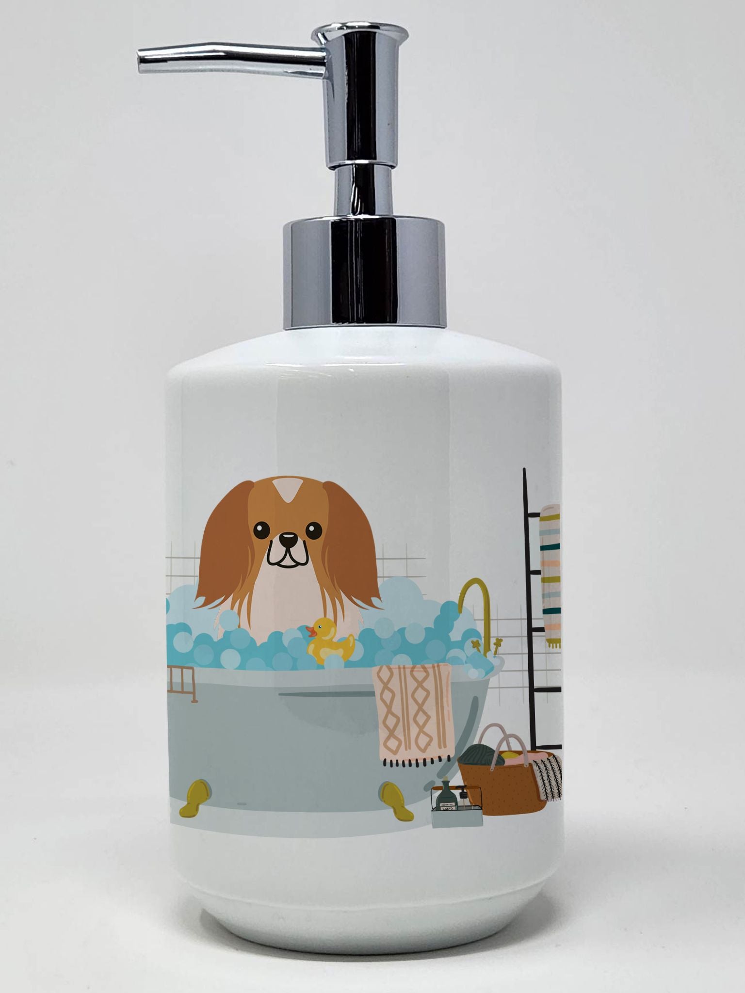 Red White Pekingese in Bathtub Ceramic Soap Dispenser Hand Soap Dispenser Pump Bottles for Bathroom Kitchen, Empty Refillable Li