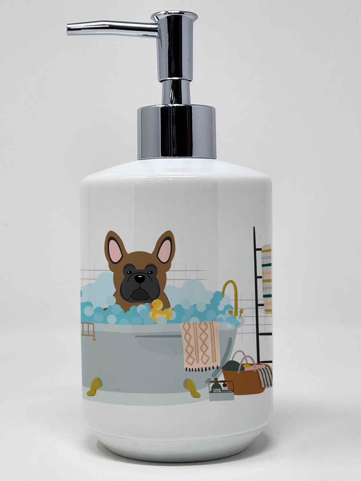 Brown French Bulldog in Bathtub Ceramic Soap Dispenser Hand Soap Dispenser Pump Bottles for Bathroom Kitchen, Empty Refillable L
