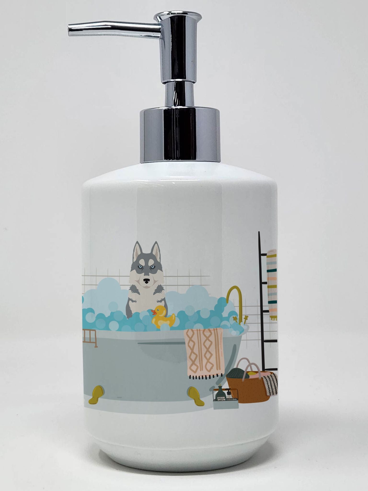 Grey Siberian Husky Ceramic Soap Dispenser Hand Soap Dispenser Pump Bottles for Bathroom Kitchen, Empty Refillable Liquid Soap C