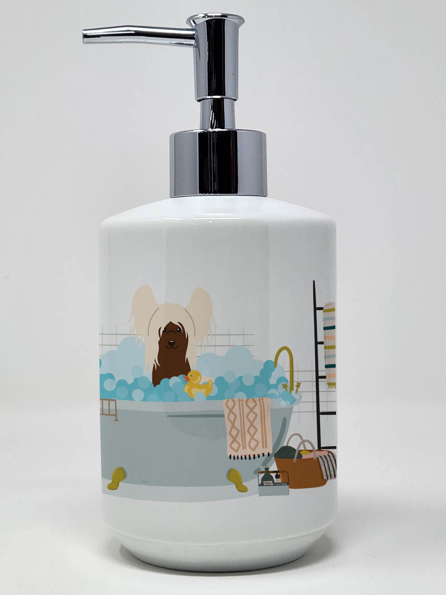 Cream Chinese Crested in Bathtub Ceramic Soap Dispenser Hand Soap Dispenser Pump Bottles for Bathroom Kitchen, Empty Refillable 