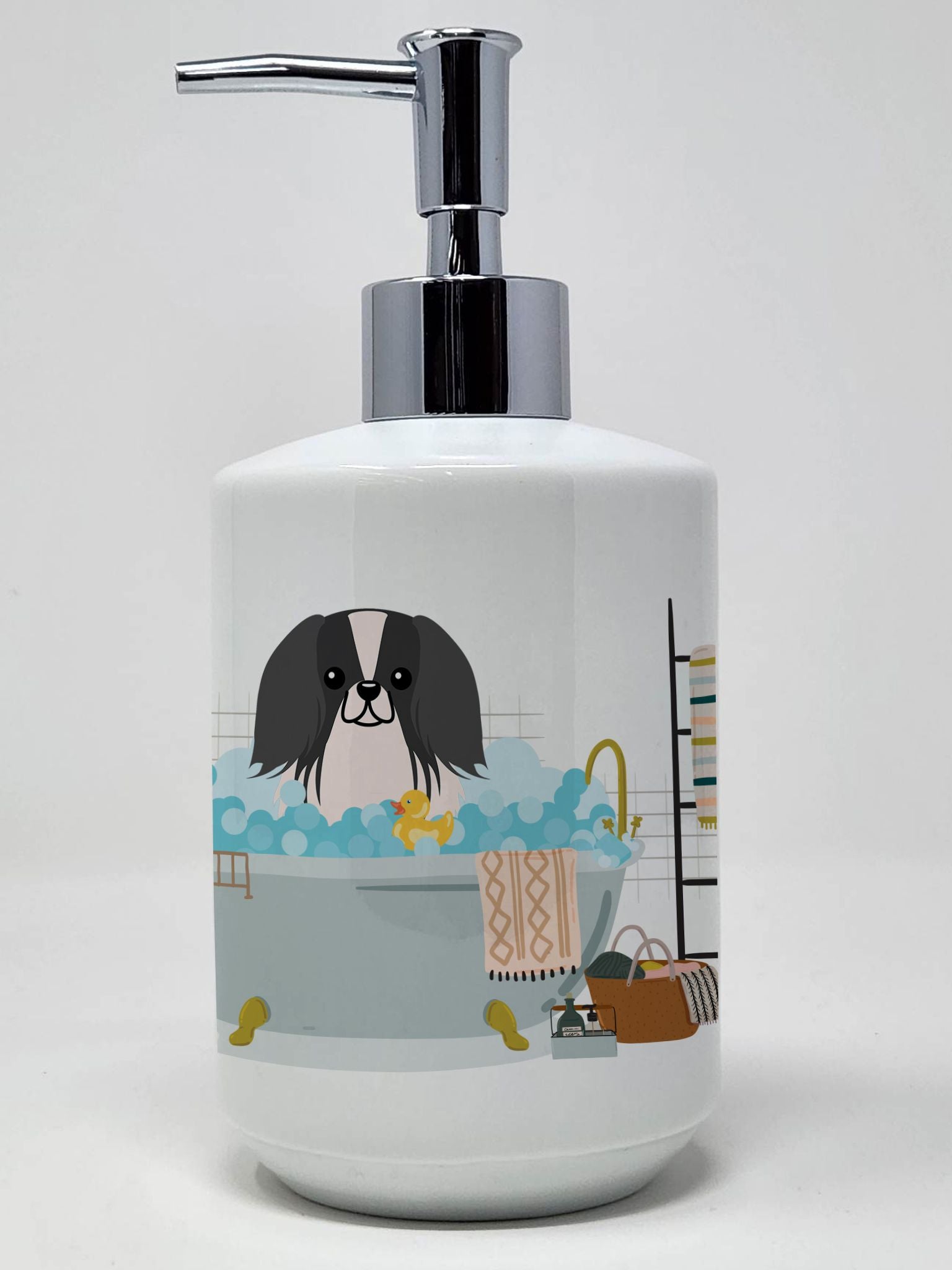 Black White Pekingese in Bathtub Ceramic Soap Dispenser Hand Soap Dispenser Pump Bottles for Bathroom Kitchen, Empty Refillable 