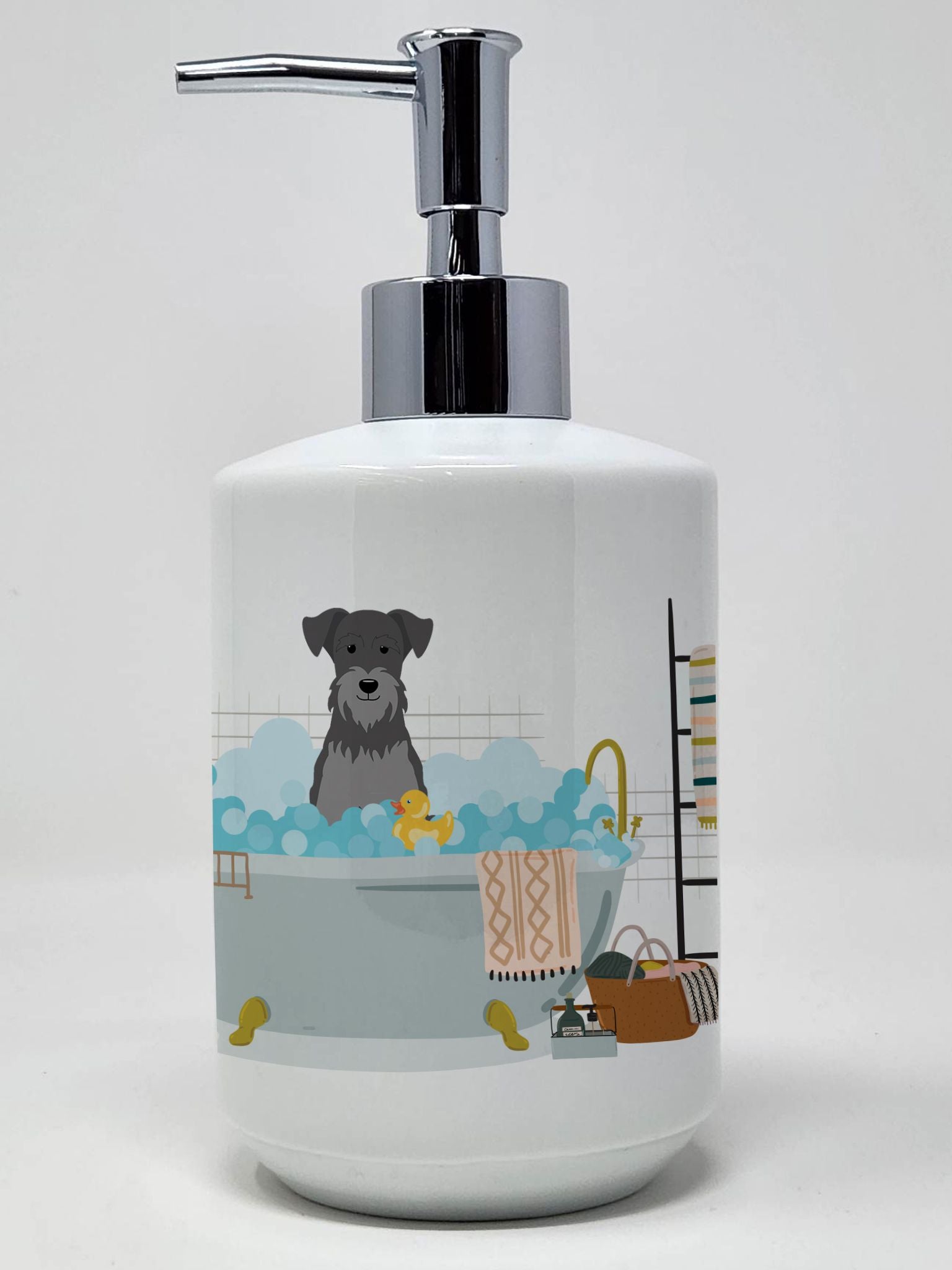 Black Silver Miniature Schnauzer in Bathtub Ceramic Soap Dispenser Hand Soap Dispenser Pump Bottles for Bathroom Kitchen, Empty 