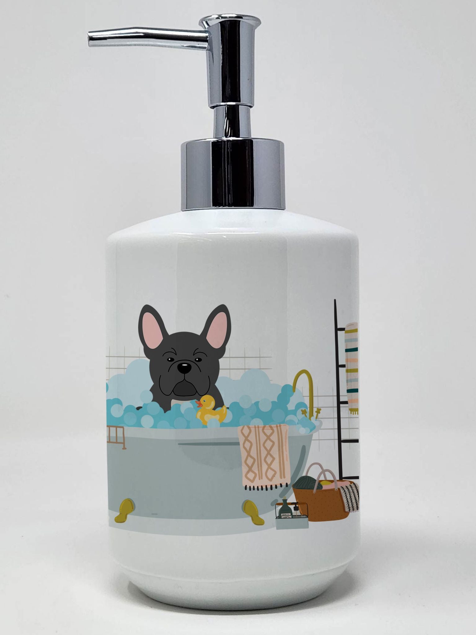 Black French Bulldog in Bathtub Ceramic Soap Dispenser Hand Soap Dispenser Pump Bottles for Bathroom Kitchen, Empty Refillable L