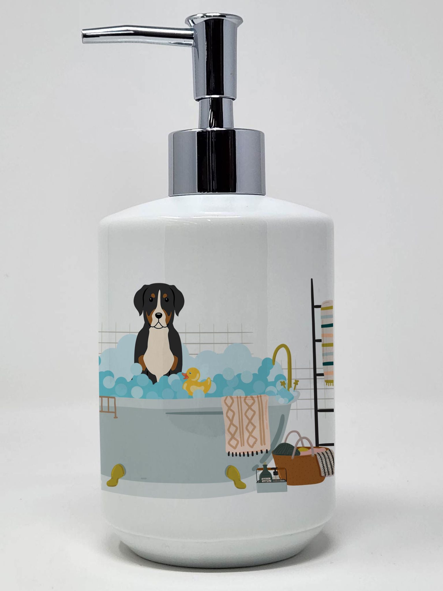 Greater Swiss Mountain Dog in Bathtub Ceramic Soap Dispenser Hand Soap Dispenser Pump Bottles for Bathroom Kitchen, Empty Refill
