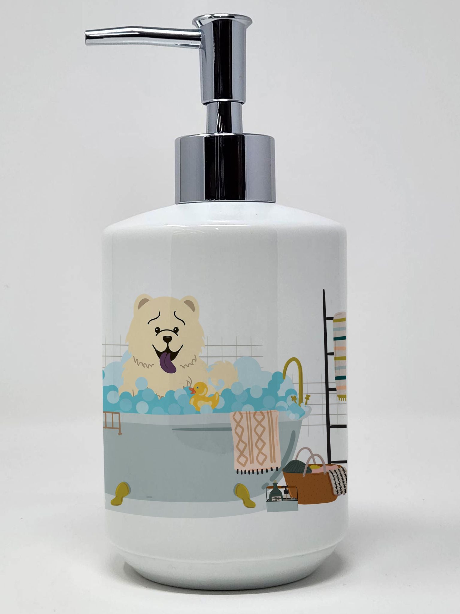 White Chow Chow in Bathtub Ceramic Soap Dispenser Hand Soap Dispenser Pump Bottles for Bathroom Kitchen, Empty Refillable Liquid