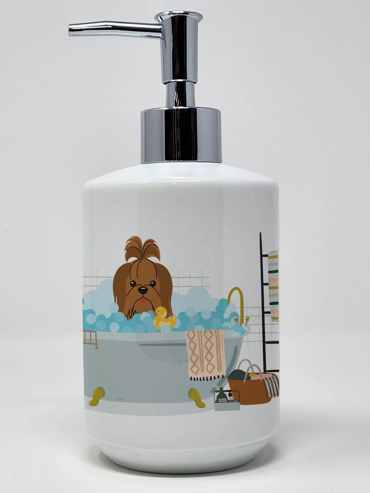 Silver Chocolate Shih Tzu in Bathtub Ceramic Soap Dispenser Hand Soap Dispenser Pump Bottles for Bathroom Kitchen, Empty Refilla