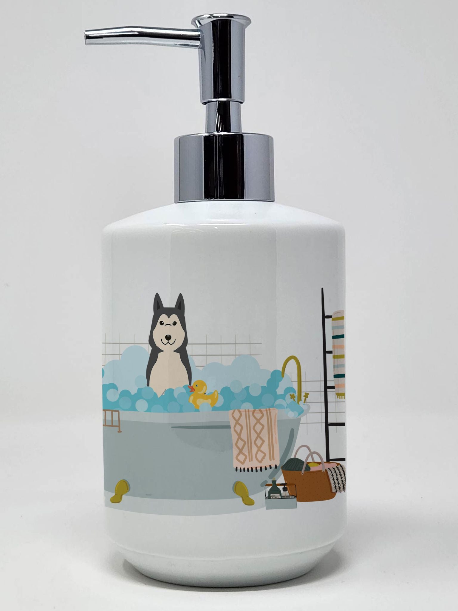 West Siberian Laika Spitz in Bathtub Ceramic Soap Dispenser Hand Soap Dispenser Pump Bottles for Bathroom Kitchen, Empty Refilla