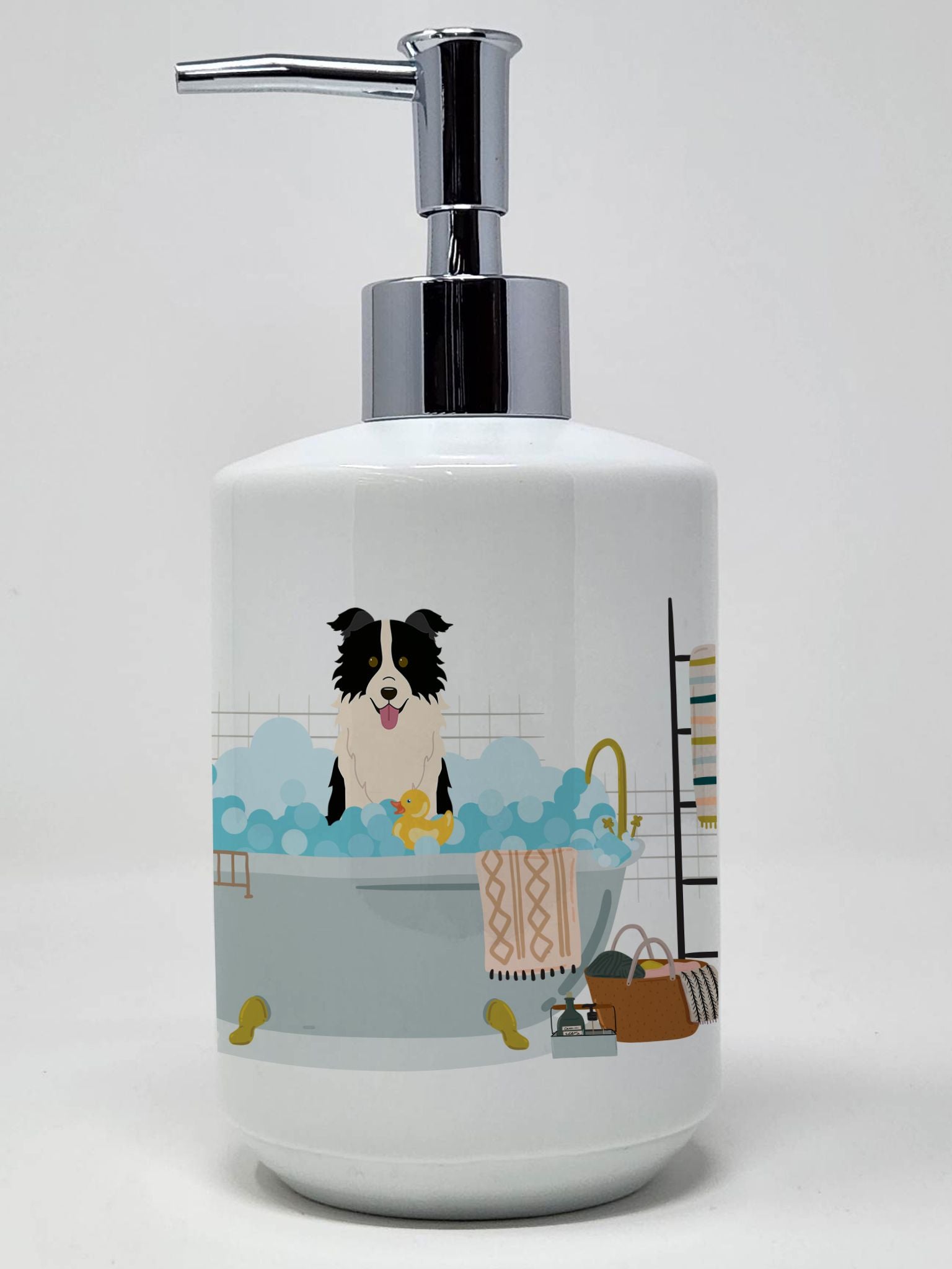 Black White Border Collie in Bathtub Ceramic Soap Dispenser Hand Soap Dispenser Pump Bottles for Bathroom Kitchen, Empty Refilla