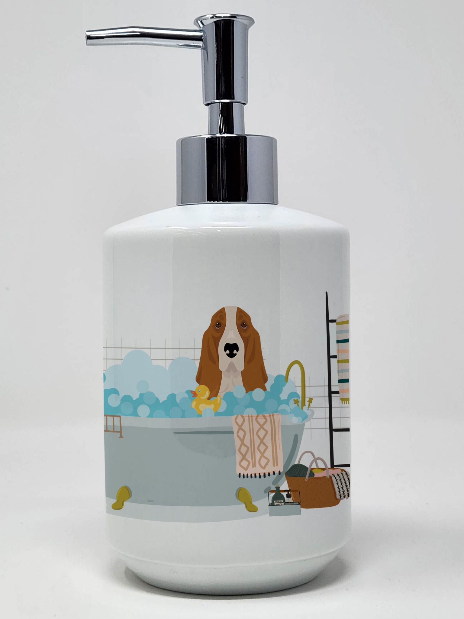 Red and White Tricolor Basset Hound Ceramic Soap Dispenser Hand Soap Dispenser Pump Bottles for Bathroom Kitchen, Empty Refillab