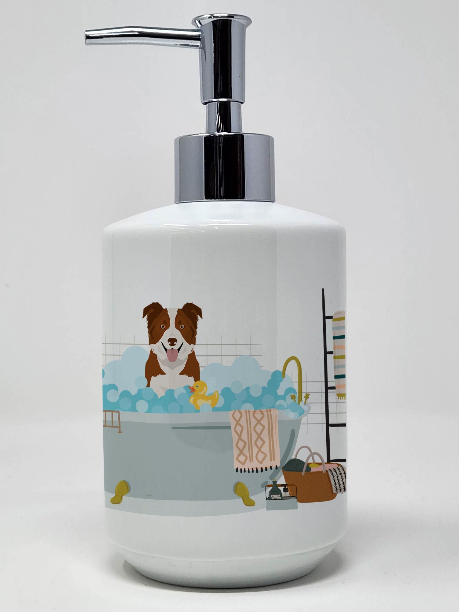 Red and White Border Collie Ceramic Soap Dispenser Hand Soap Dispenser Pump Bottles for Bathroom Kitchen, Empty Refillable Liqui