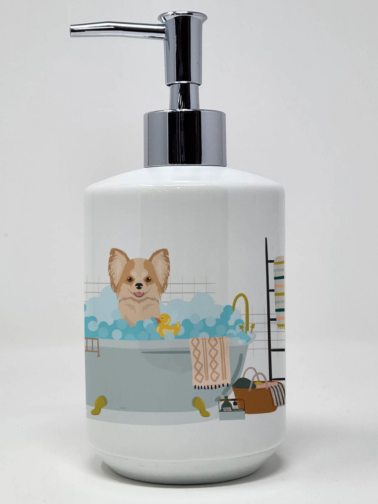 Longhaired Gold and White Chihuahua Ceramic Soap Dispenser Hand Soap Dispenser Pump Bottles for Bathroom Kitchen, Empty Refillab