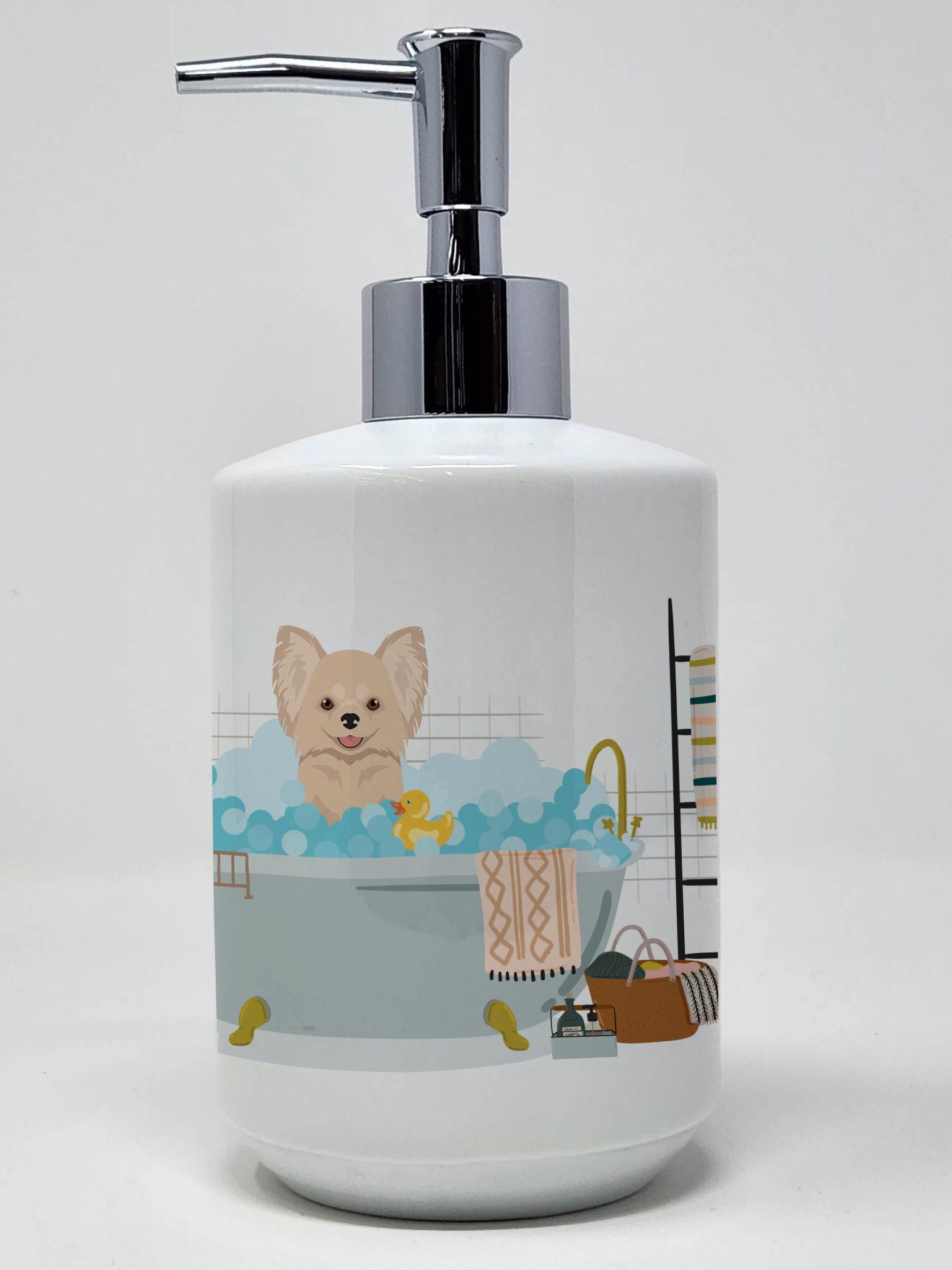 Longhaired Cream Chihuahua Ceramic Soap Dispenser Hand Soap Dispenser Pump Bottles for Bathroom Kitchen, Empty Refillable Liquid