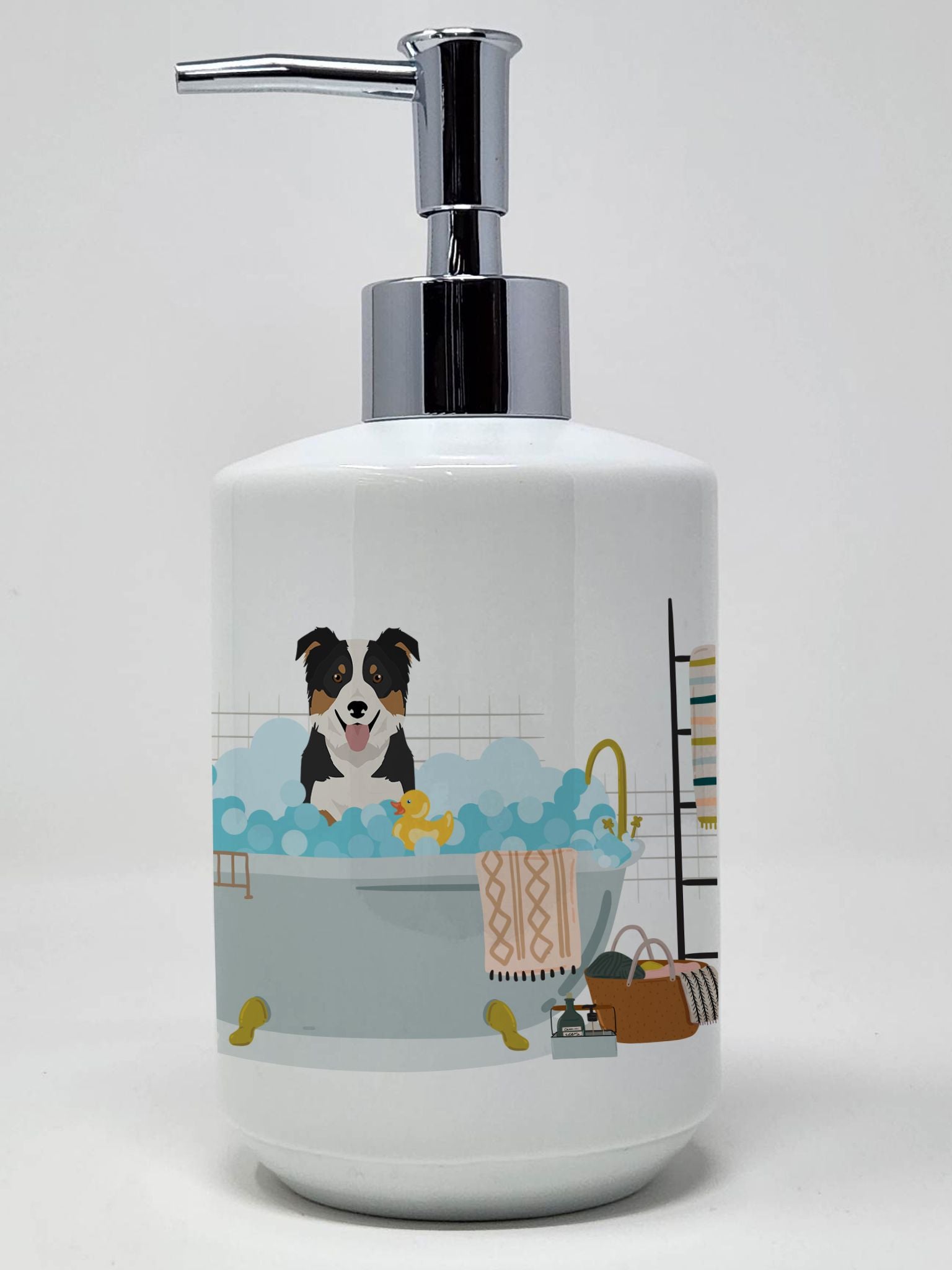 Tricolor Border Collie Ceramic Soap Dispenser Hand Soap Dispenser Pump Bottles for Bathroom Kitchen, Empty Refillable Liquid Soa
