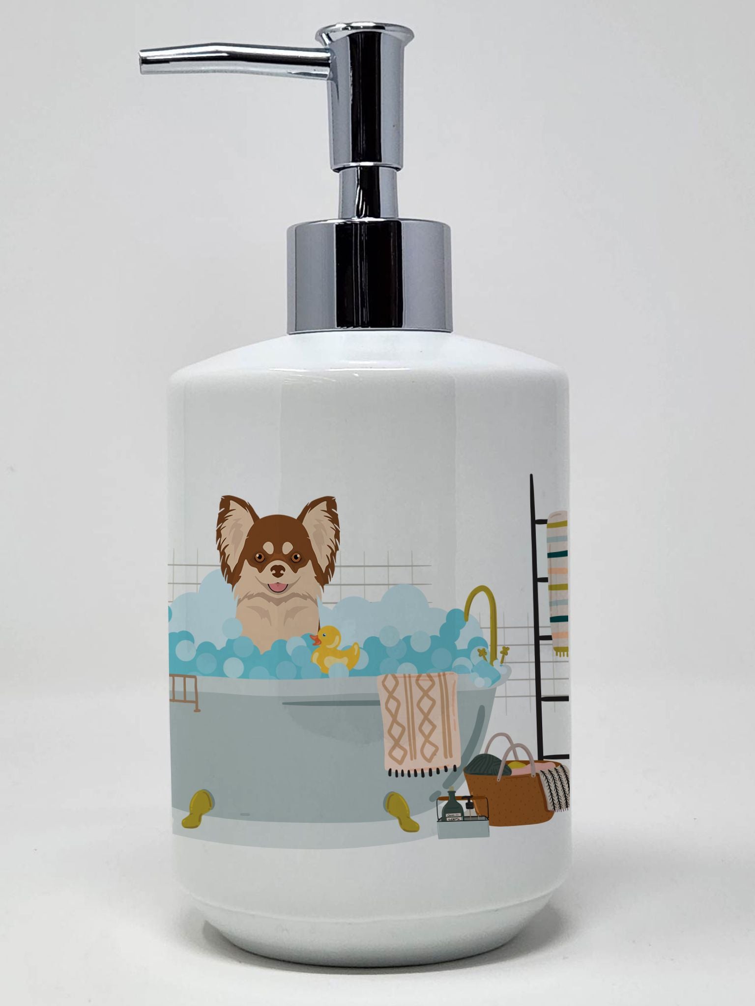 Longhaired Chocolate and White Chihuahua Ceramic Soap Dispenser Hand Soap Dispenser Pump Bottles for Bathroom Kitchen, Empty Ref