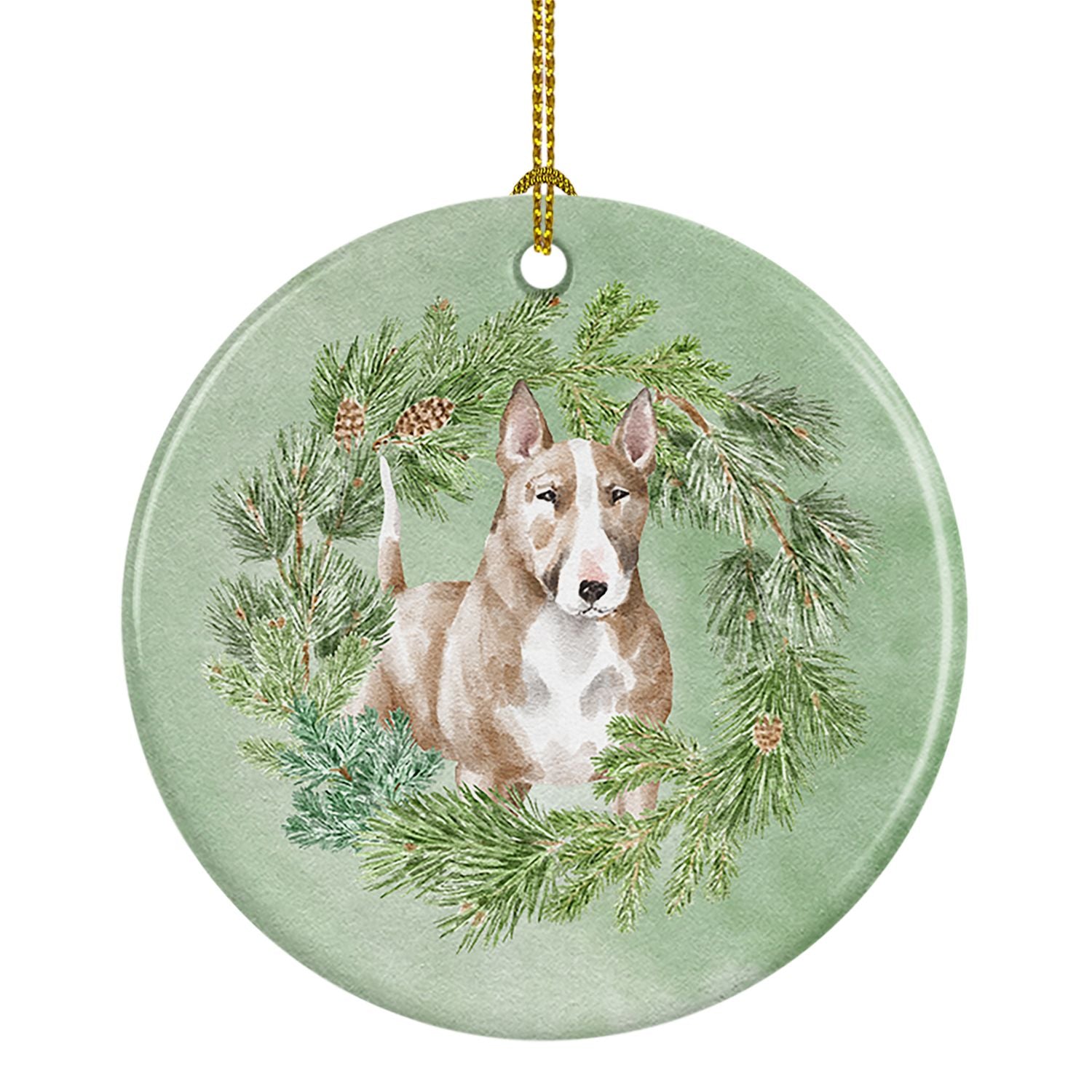 NEW Bull Terrier Red and White Christmas Wreath Ceramic Ornament Christmas Tree Hanging Decorations for Home Christmas Holiday, 