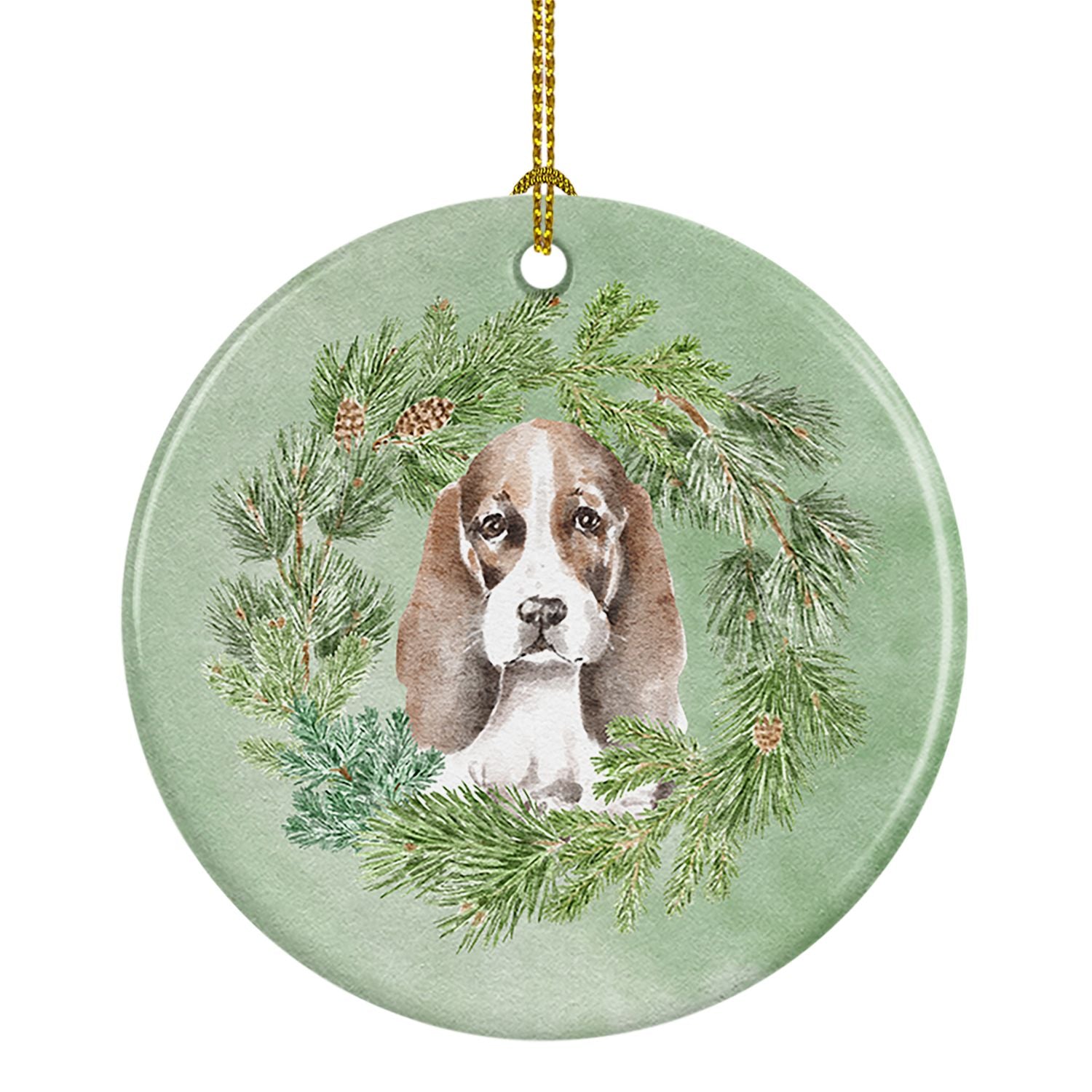 Basset Hound Puppy Brown White and Black Christmas Wreath Ceramic Ornament Christmas Tree Hanging Decorations for Home Christmas