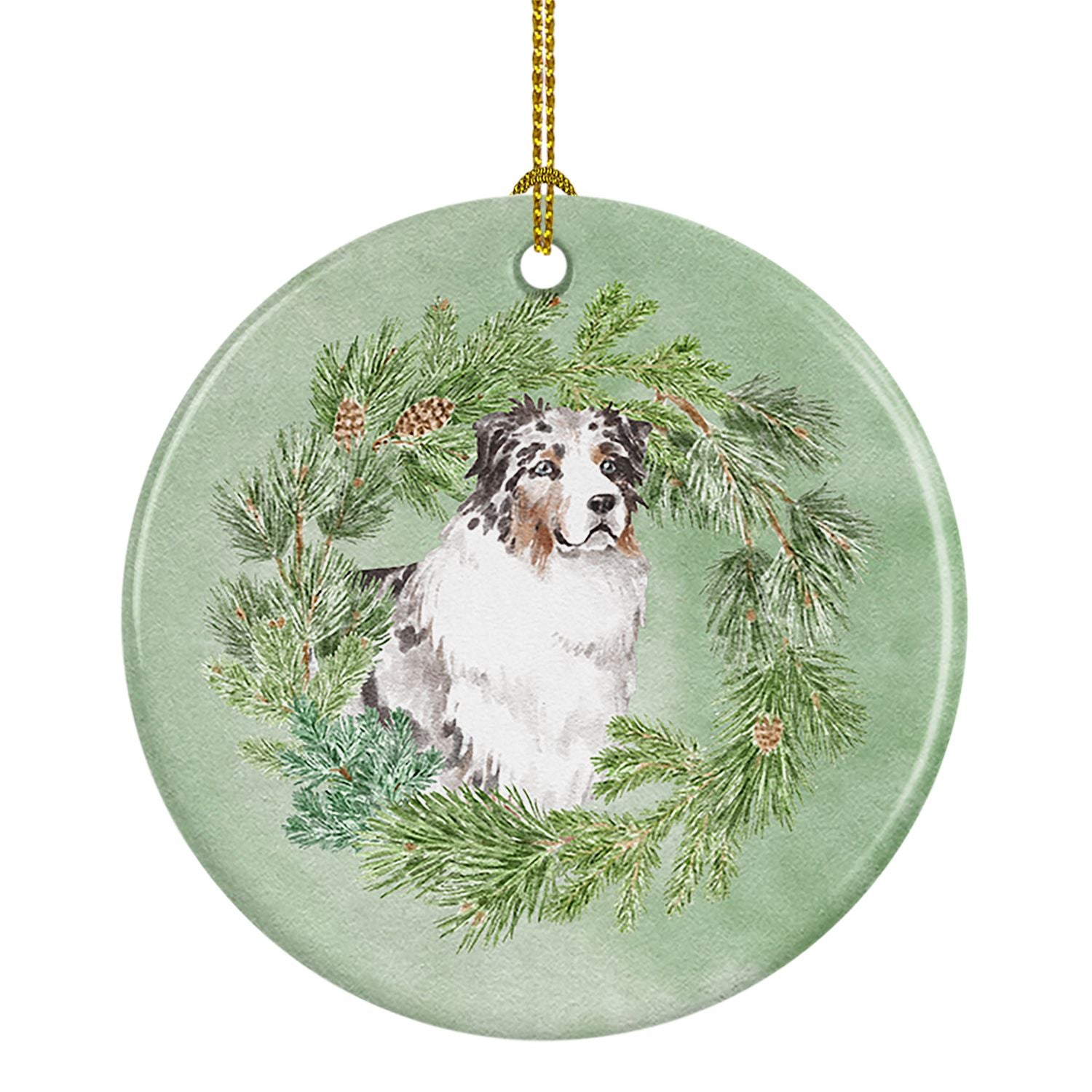 Australian Shepherd Blue Merle Longhaired Christmas Wreath Ceramic Ornament Christmas Tree Hanging Decorations for Home Christma