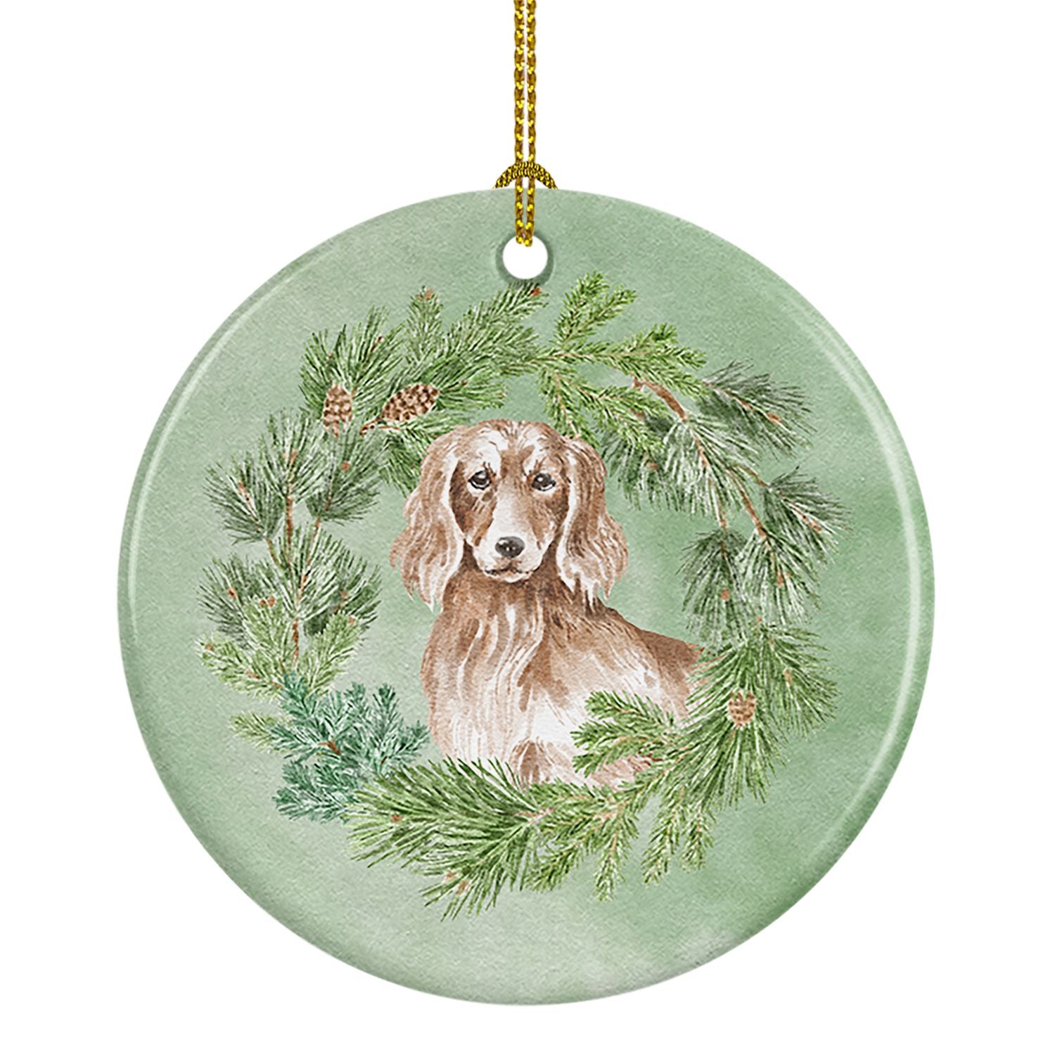 Dachshund Red Longhaired Christmas Wreath Ceramic Ornament Christmas Tree Hanging Decorations for Home Christmas Holiday, Party,