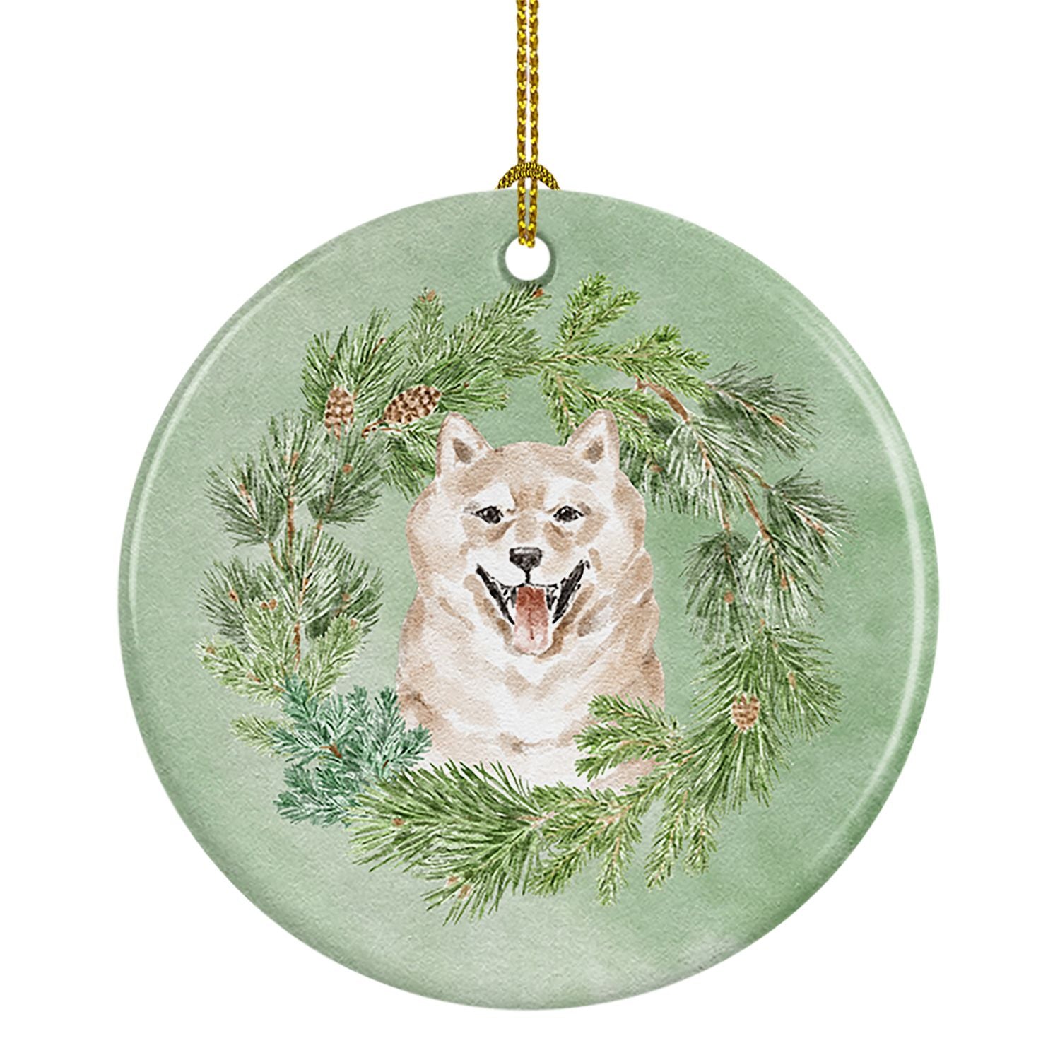 Shiba Inu Cream Christmas Wreath Ceramic Ornament Christmas Tree Hanging Decorations for Home Christmas Holiday, Party, Gift, 3 