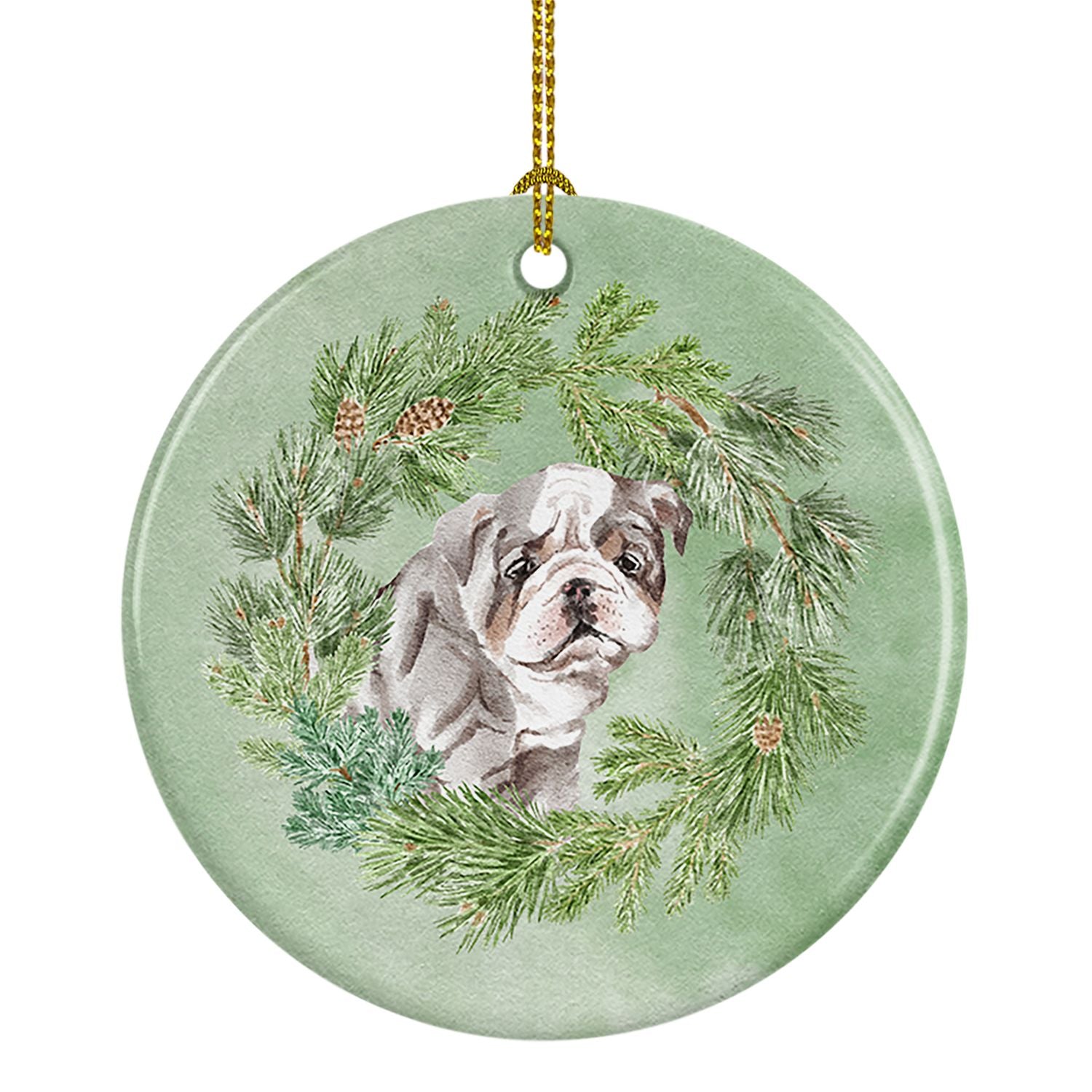 Bulldog Lilac Puppy Christmas Wreath Ceramic Ornament Christmas Tree Hanging Decorations for Home Christmas Holiday, Party, Gift