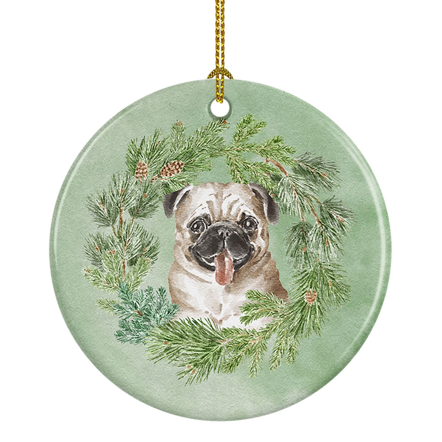 Pug Fawn Christmas Wreath Ceramic Ornament Christmas Tree Hanging Decorations for Home Christmas Holiday, Party, Gift, 3 in, Mul