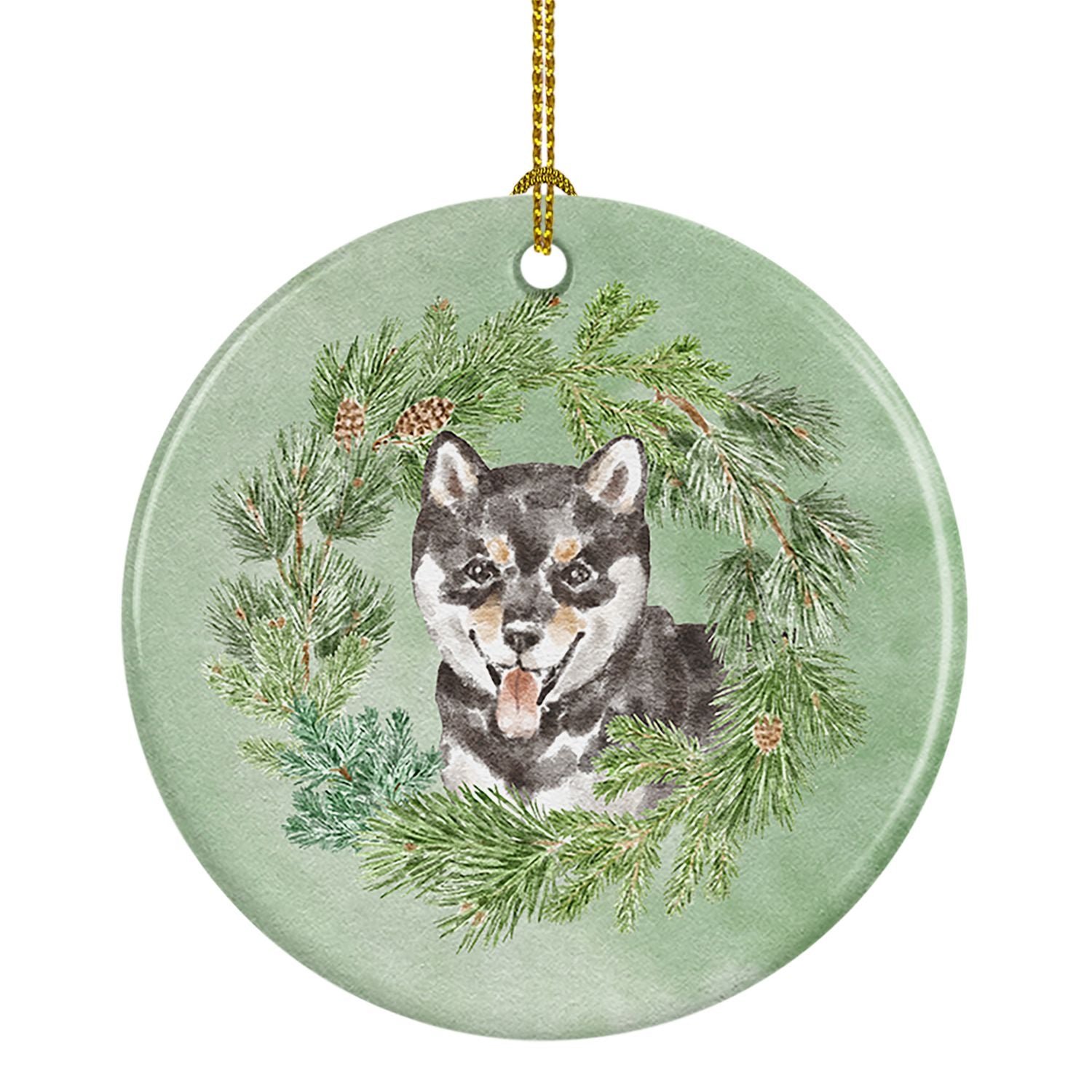 Shiba Inu Puppy Black Sesame Christmas Wreath Ceramic Ornament Christmas Tree Hanging Decorations for Home Christmas Holiday, Pa