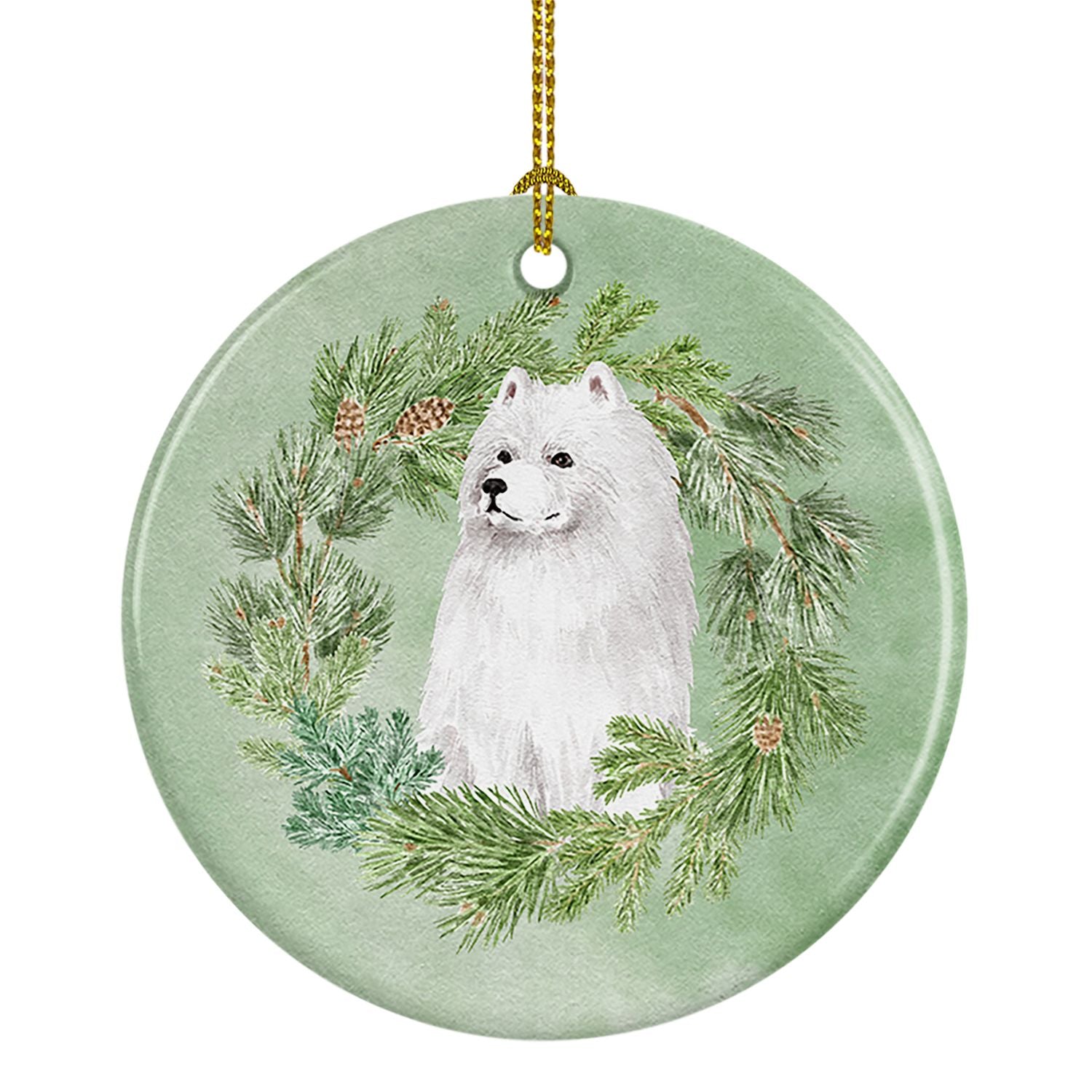 Samoyed Sitting Christmas Wreath Ceramic Ornament Christmas Tree Hanging Decorations for Home Christmas Holiday, Party, Gift, 3 