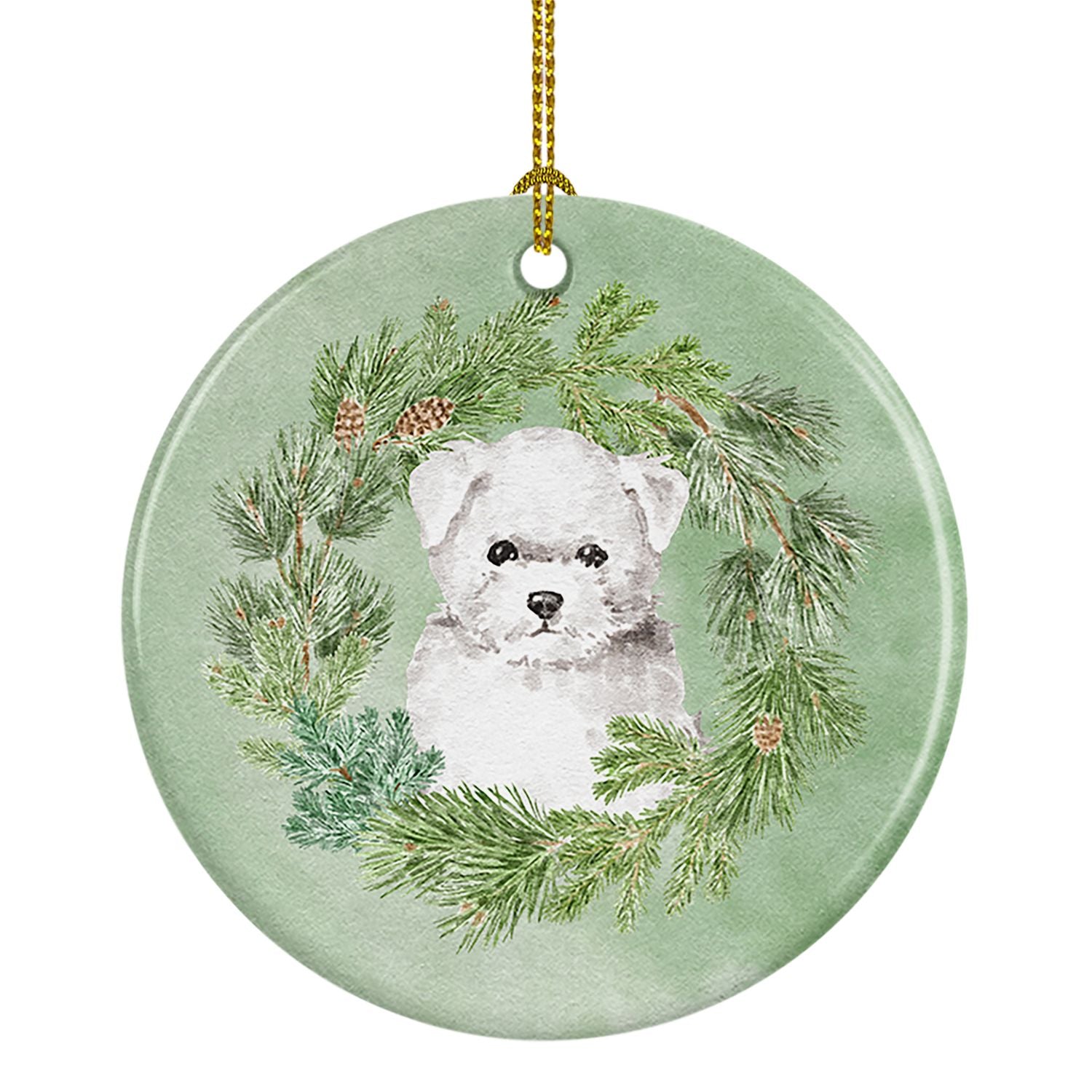 Bichon Frise Puppy Christmas Wreath Ceramic Ornament Christmas Tree Hanging Decorations for Home Christmas Holiday, Party, Gift,