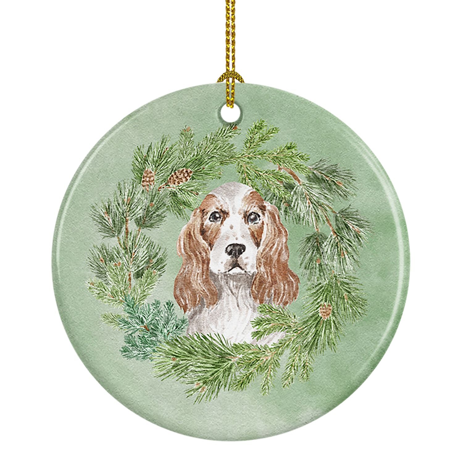 Cocker Spaniel Red and White Christmas Wreath Ceramic Ornament Christmas Tree Hanging Decorations for Home Christmas Holiday, Pa