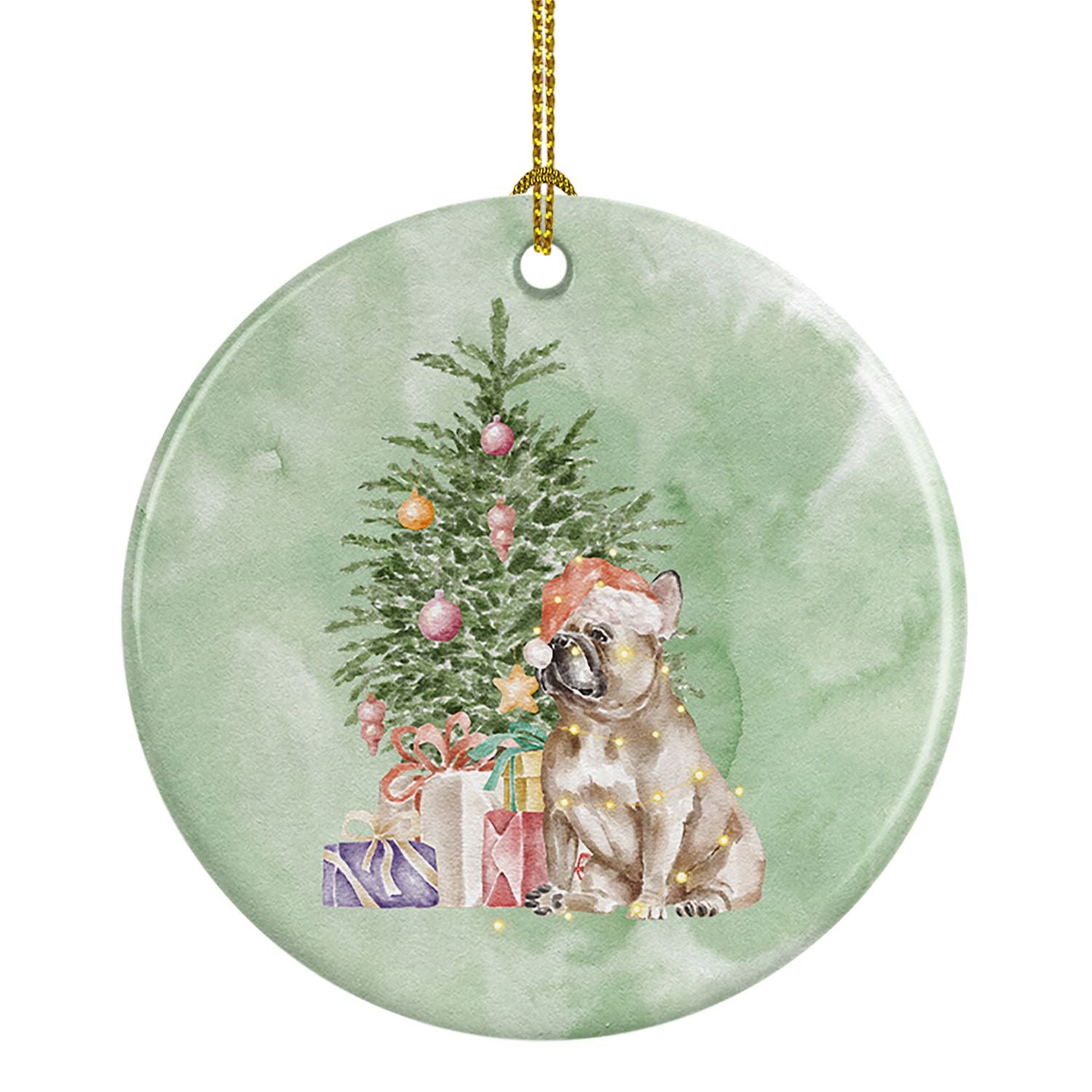 French Bulldog Fawn Christmas Presents and Tree Ceramic Ornament Christmas Tree Hanging Decorations for Home Christmas Holiday, 