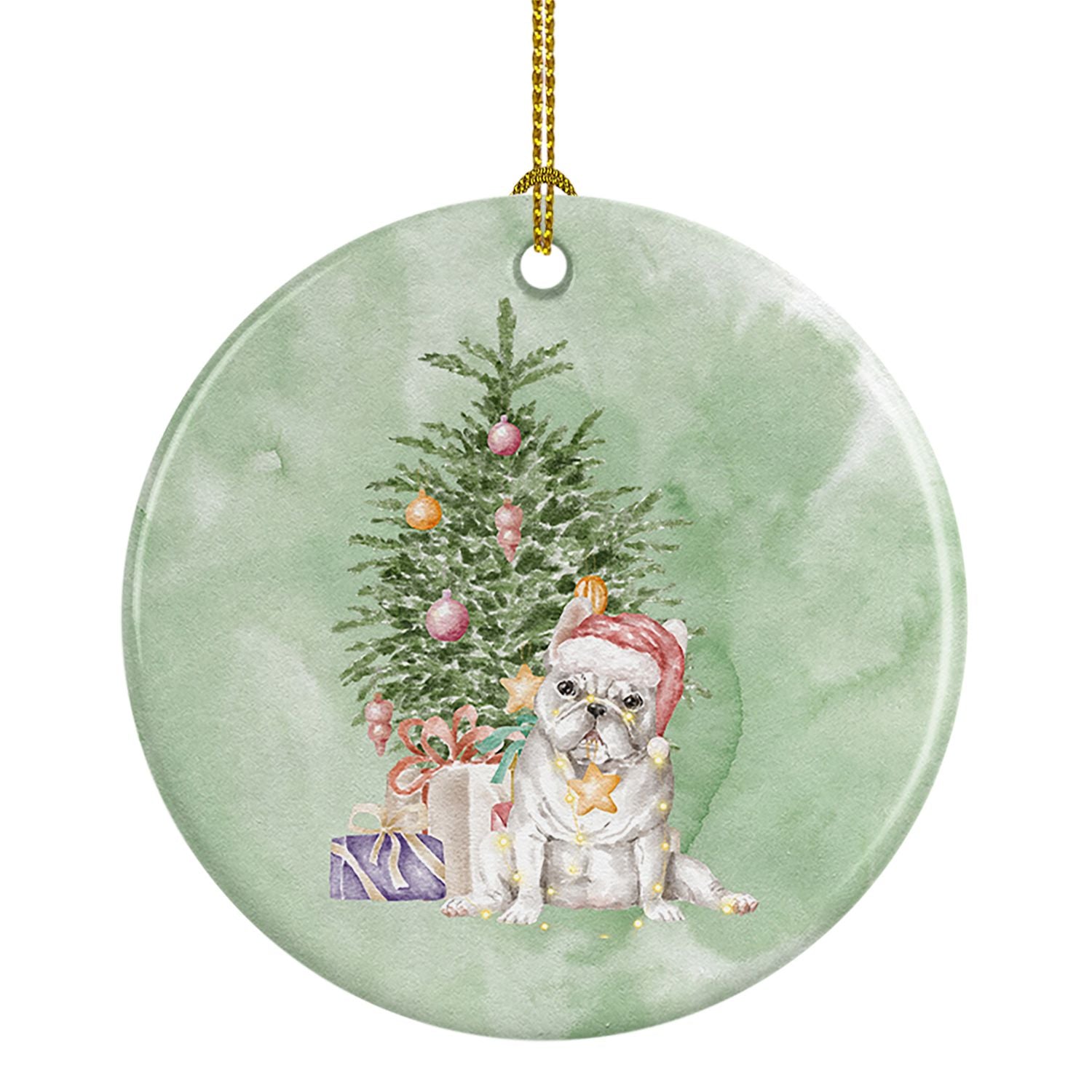 French Bulldog White Christmas Presents and Tree Ceramic Ornament Christmas Tree Hanging Decorations for Home Christmas Holiday,